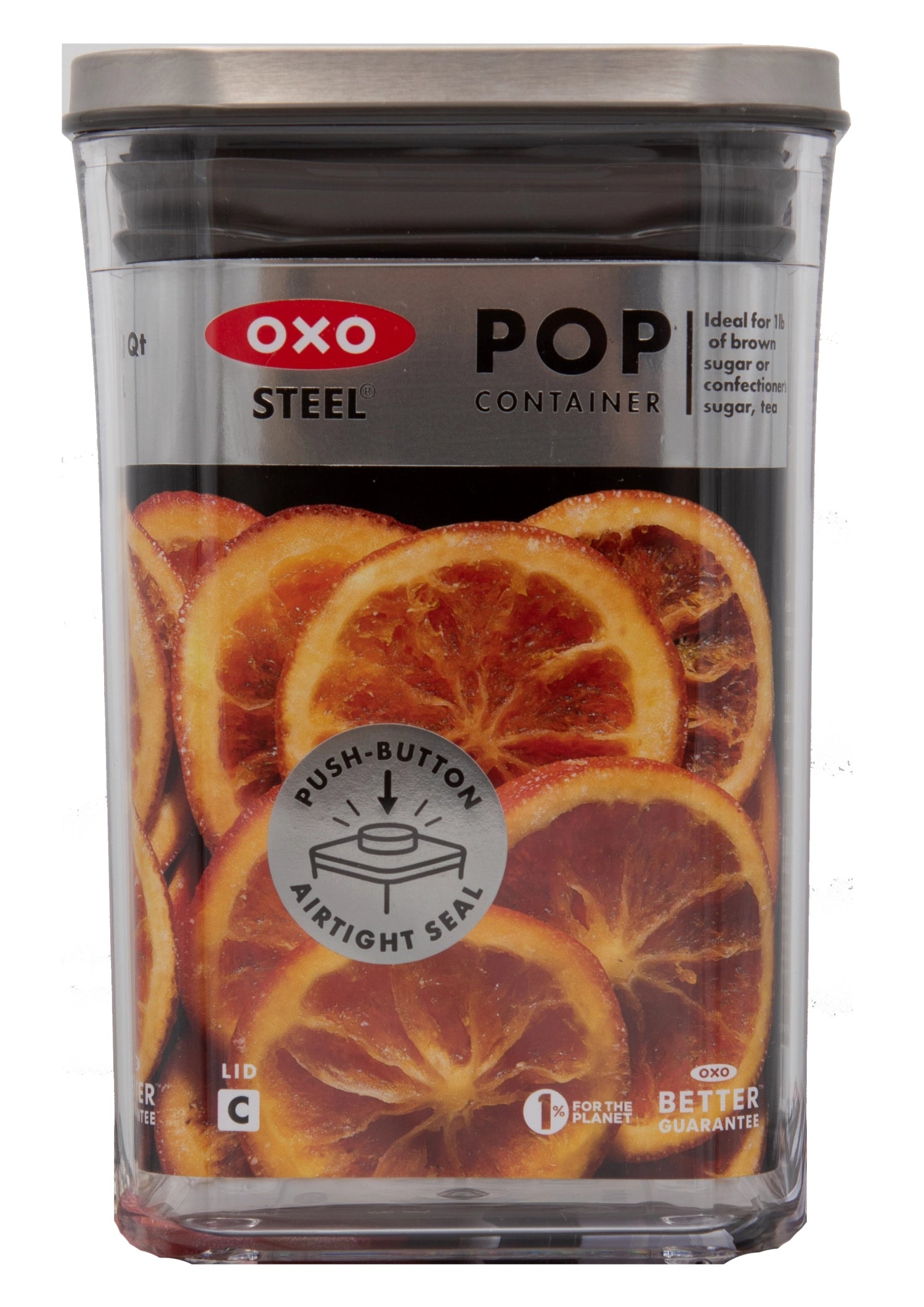 Kompakter OXO Good Grips Steel POP Behälter in rechteckiger Form, 1.0L, ideal für die praktische und platzsparende Lagerung von Lebensmitteln.