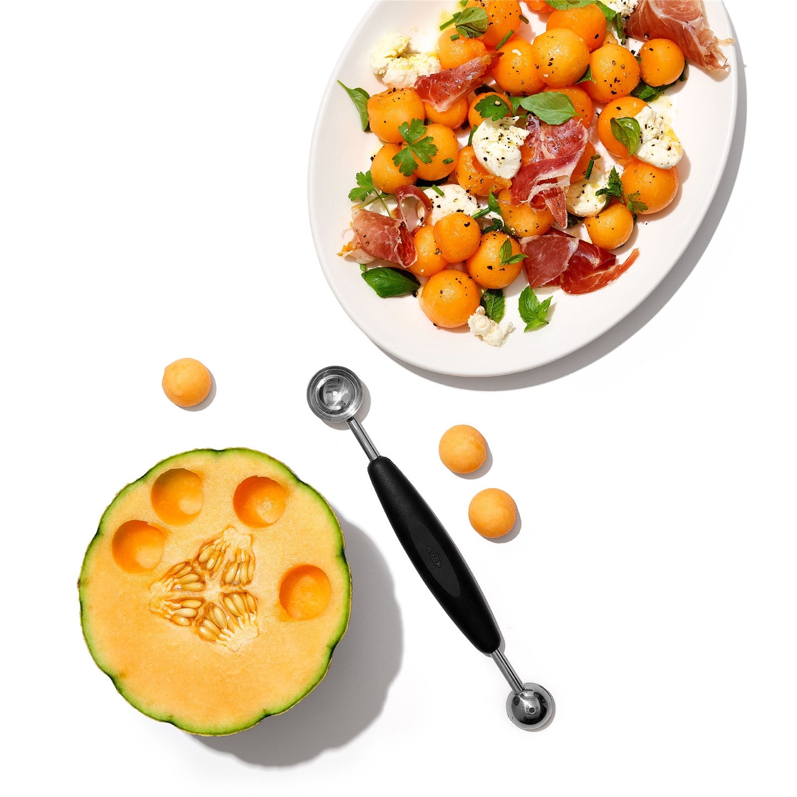 Eleganter OXO Kugelausstecher: Perfekte Fruchtkugeln, langlebiger Edelstahl, spülmaschinenfest. Ideal für kreative Obstsalate.