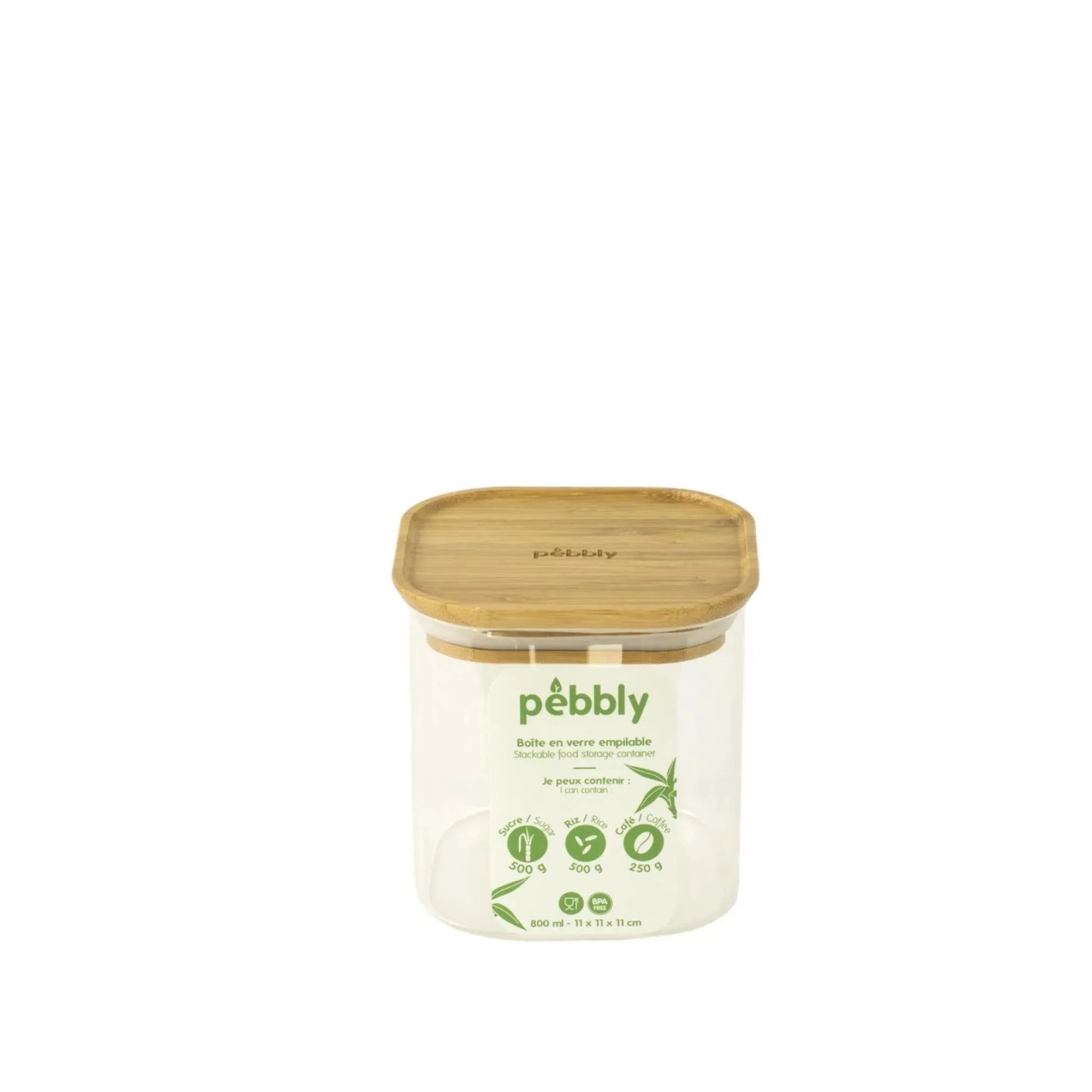 Pebbly Vorratsglas 800ml: Robustes Borosilikatglas, luftdichter Bambusdeckel, stilvolles Design für Reis, Nudeln, Snacks.