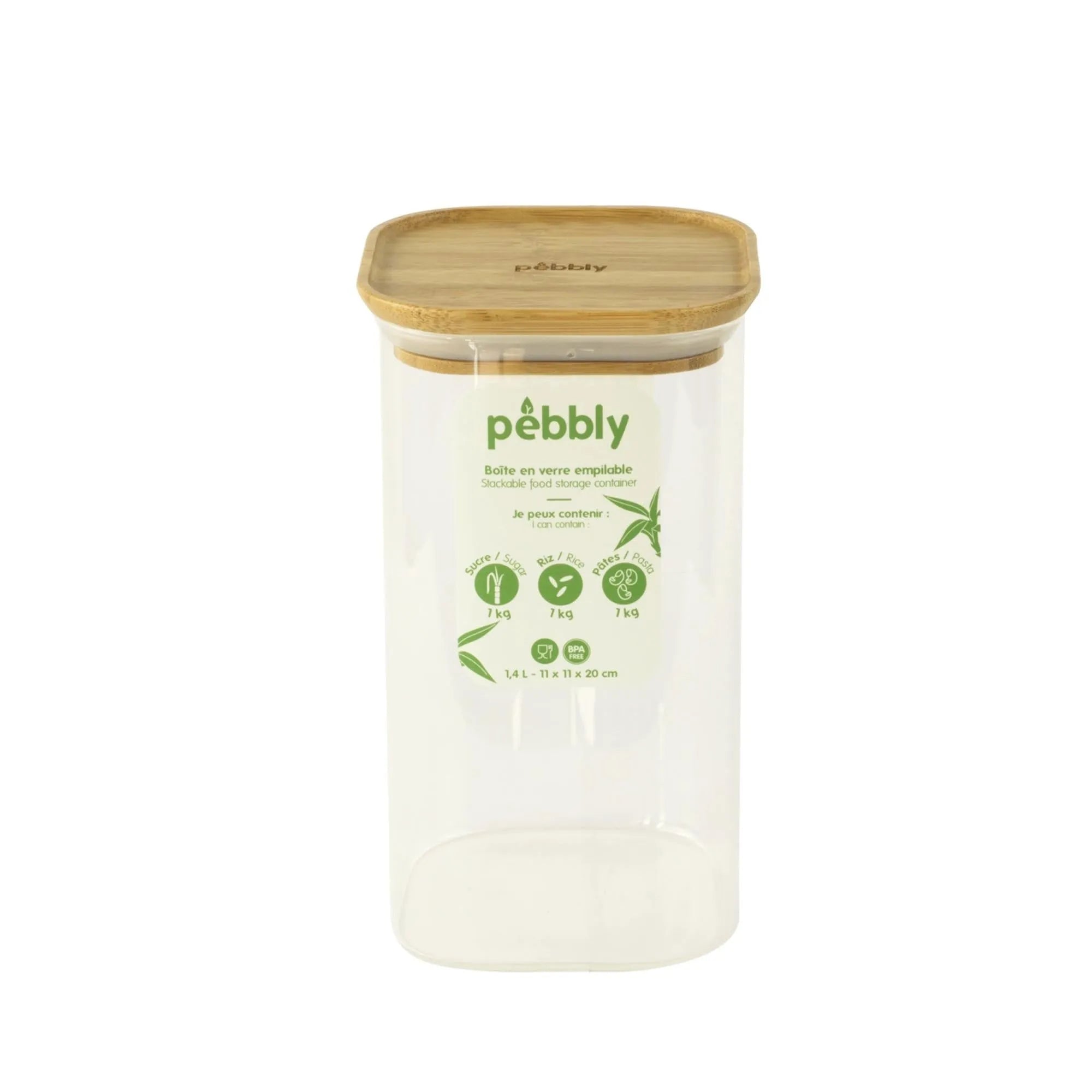 Stilvolles Pebbly Vorratsglas 1.4 l mit nachhaltigem Bambusdeckel.