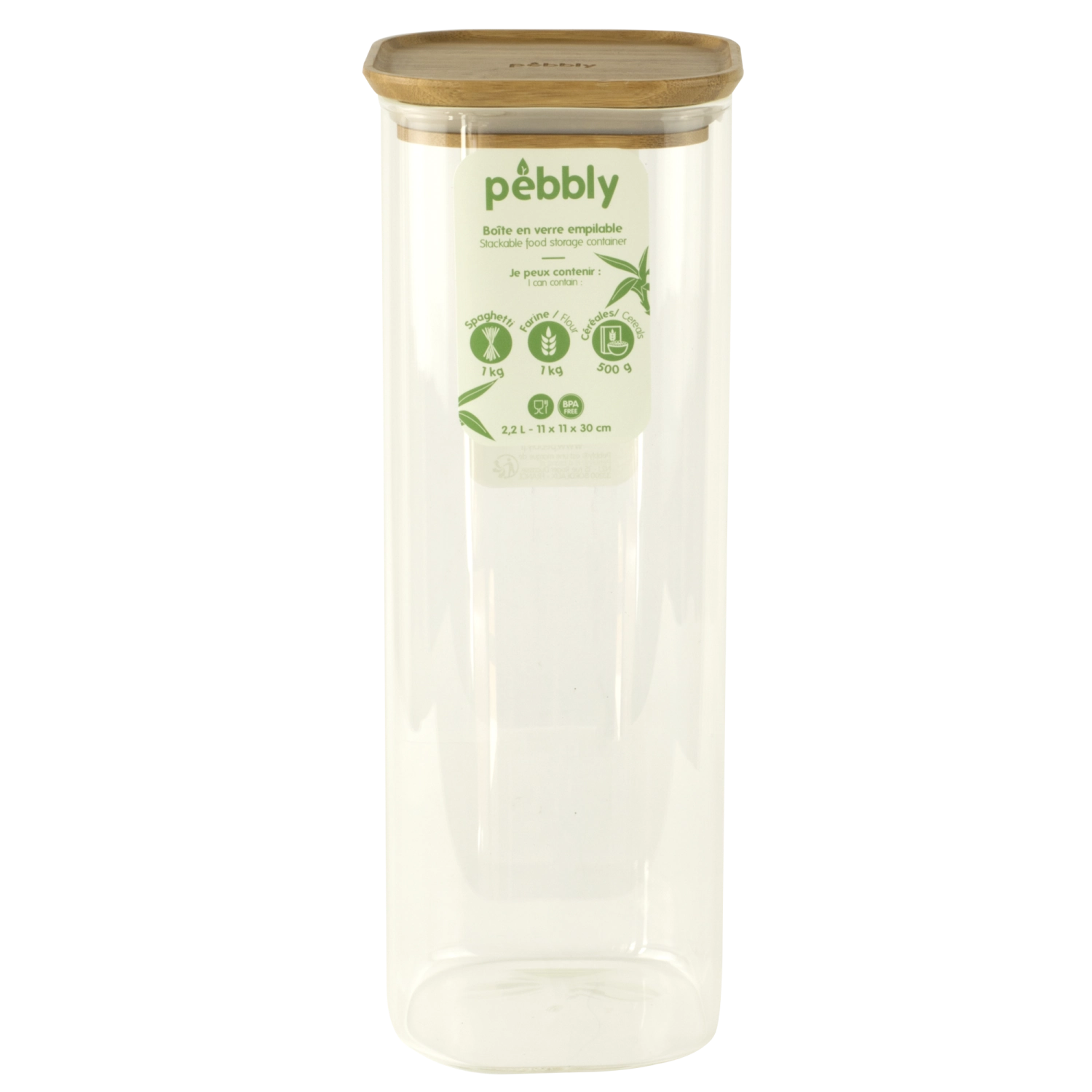 Hochwertiges Vorratsglas von Pebbly mit 2,2 l Volumen und einem ansprechenden Bambusdeckel, ideal für die praktische und dekorative Lagerung.