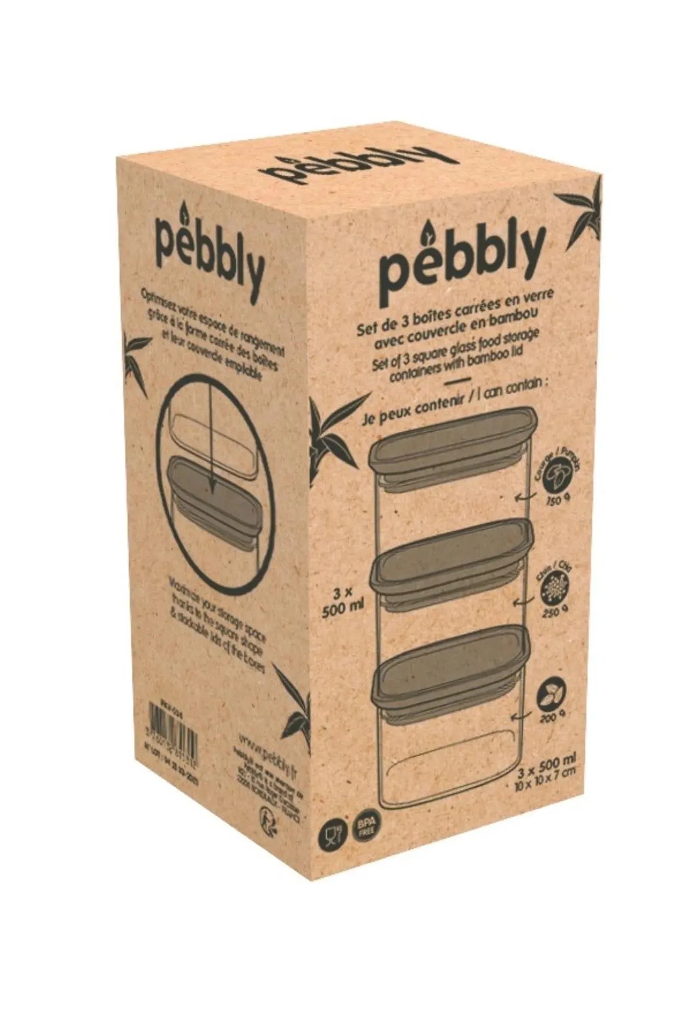 Stilvolle Pebbly Vorratsgläser 0.5l mit nachhaltigem Bambusdeckel.