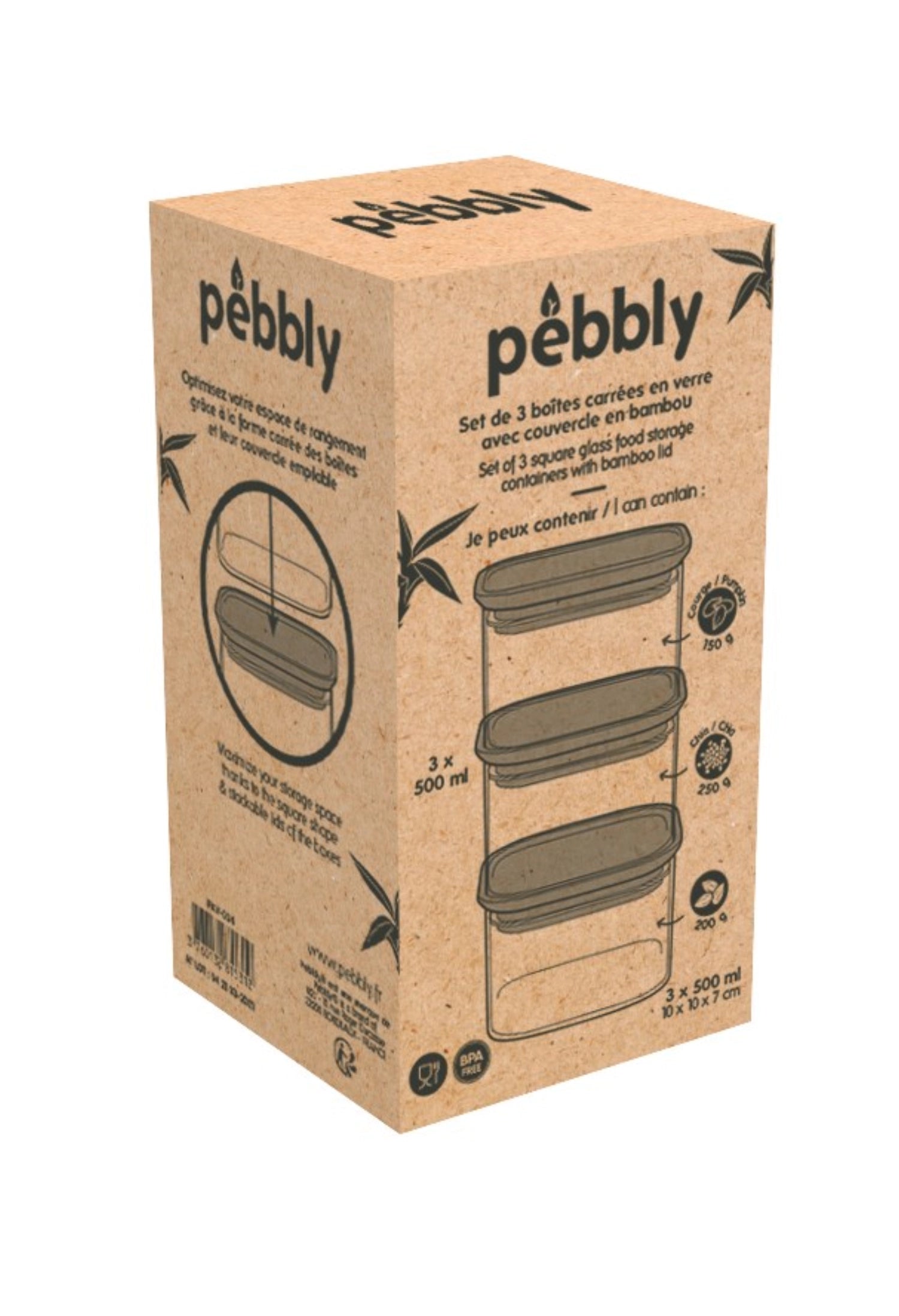 Elegantes 3er Set Pebbly Vorratsgläser mit 0,5 l Füllvolumen und stilvollen Bambusdeckeln, ideal für die Aufbewahrung in jeder Küche.