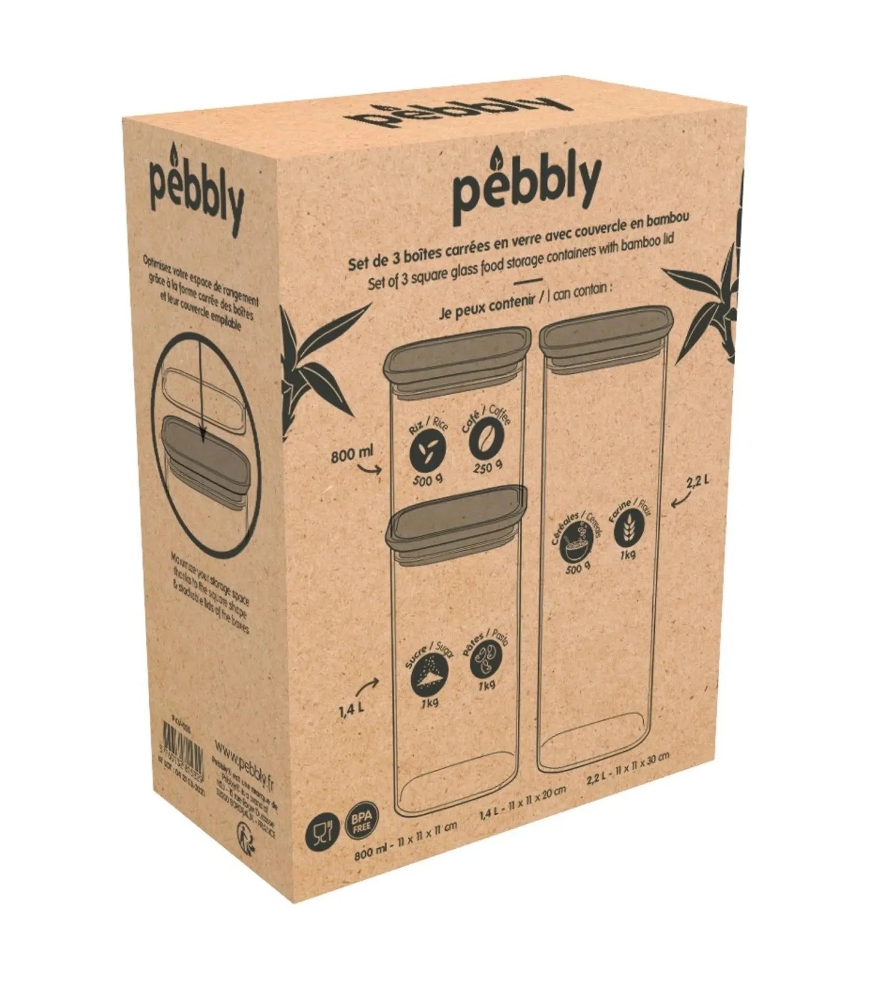 3er Set Pebbly Vorratsglas mit Bambusdeckel 0.8, 1.4, 2.2lt - KAQTU Design