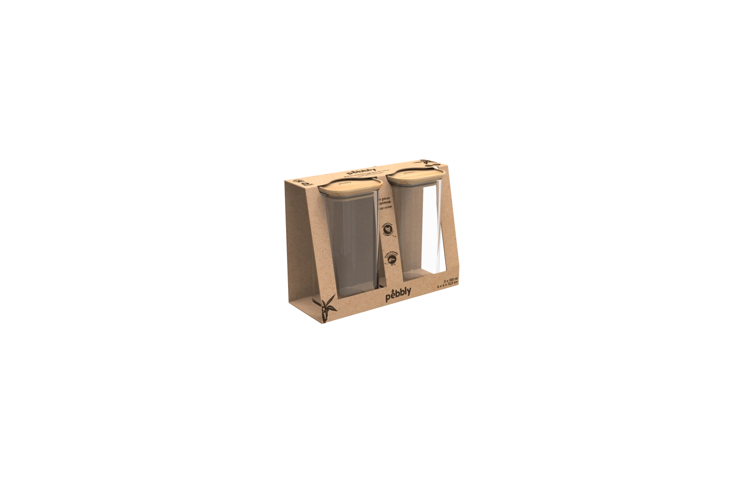 Elegantes 2er Set Vorratsgläser von Pebbly mit umweltfreundlichen Bambusdeckeln, ideal für die dekorative Lagerung von Snacks und Zutaten.
