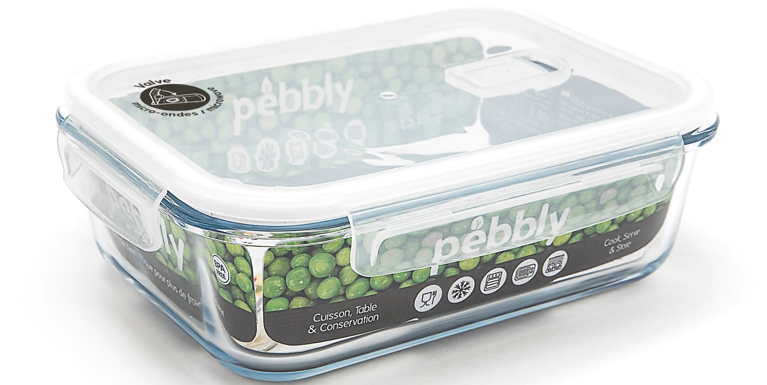 Entdecken Sie die Pebbly Glas Vorratsdose mit Ventil, rechteckig, 2.25lt. Ideal für frische Lebensmittel, luftdicht und stilvoll.