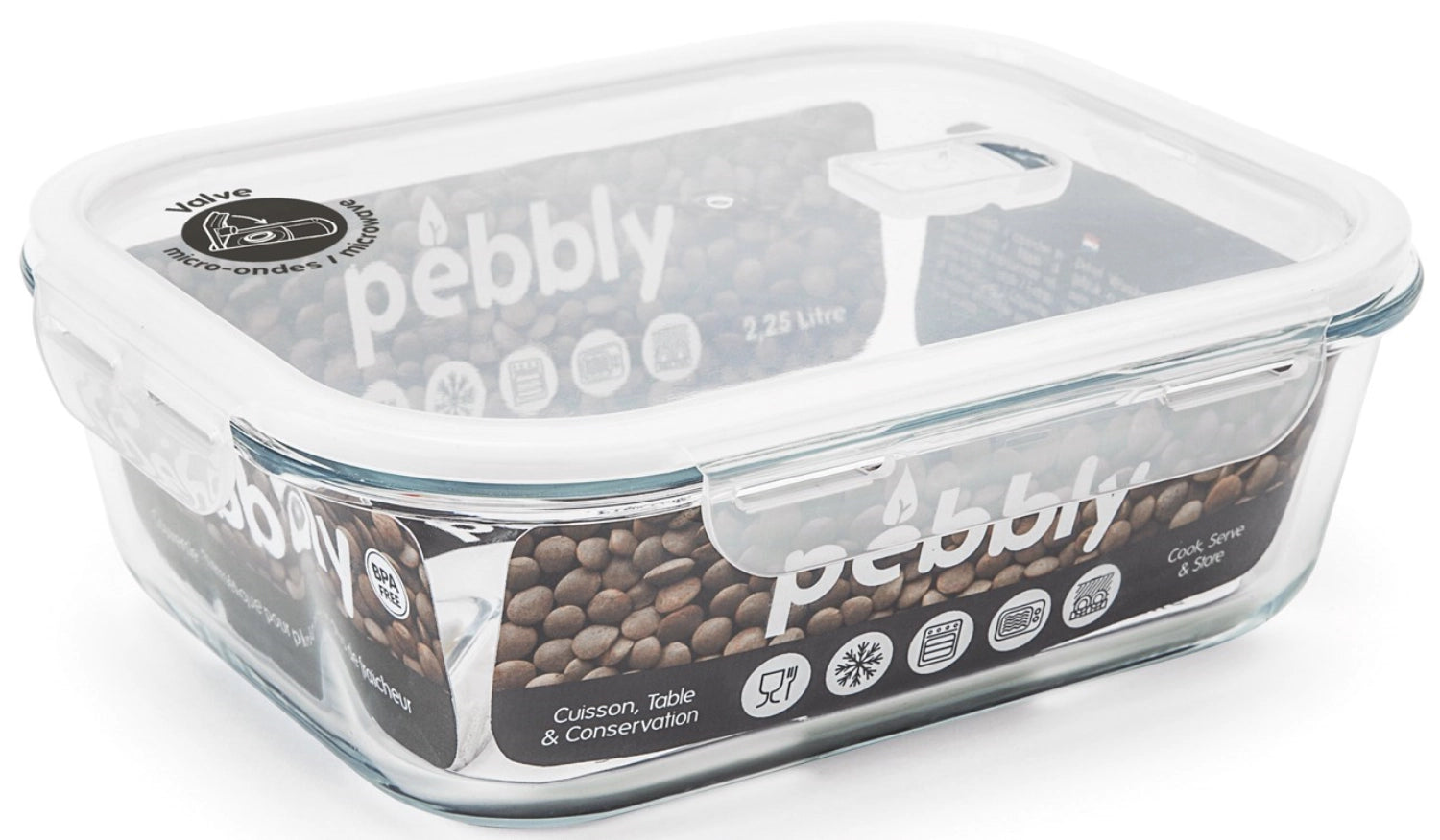 Entdecken Sie die Pebbly Glas Vorratsdose mit Ventil (2,25l) – ideal für frische Lebensmittel, luftdicht, kratzfest und elegant.