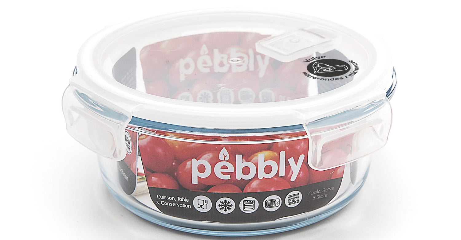 Entdecken Sie die Pebbly Glas Vorratsdose mit Ventil (95cl) aus hochwertigem Borosilikatglas. Ideal für frische Lebensmittel, luftdicht und spülmaschinenfest.