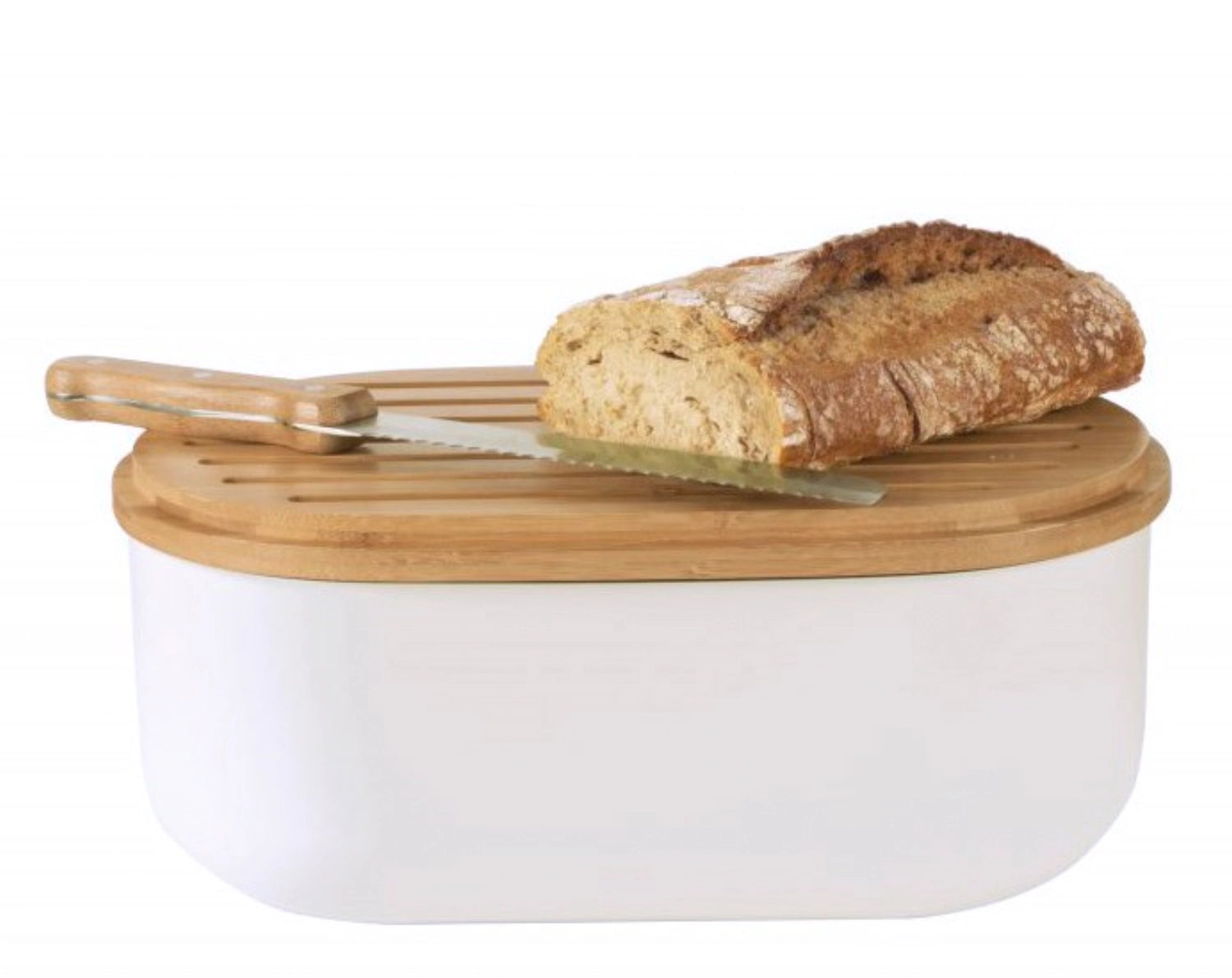 Stilvoller Brotkasten in sanftem Cream von Pebbly, inklusive Schneidebrett, Messer und Brotbeutel – perfekt für die Aufbewahrung von frischem Brot.