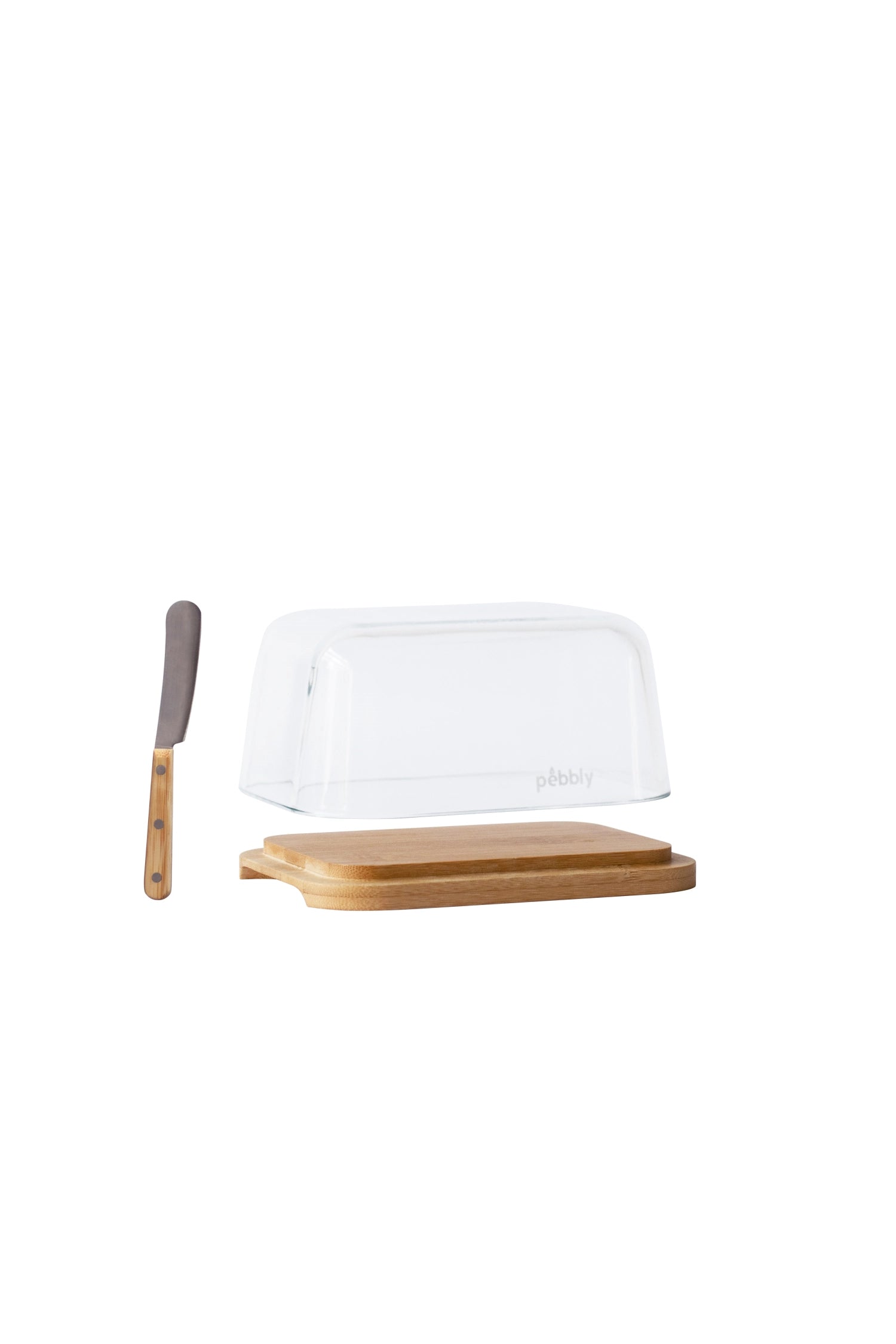 Elegante Butterdose aus hochwertigem Bambus von Pebbly, mit passendem Buttermesser, ideal für die stilvolle Aufbewahrung von Butter.