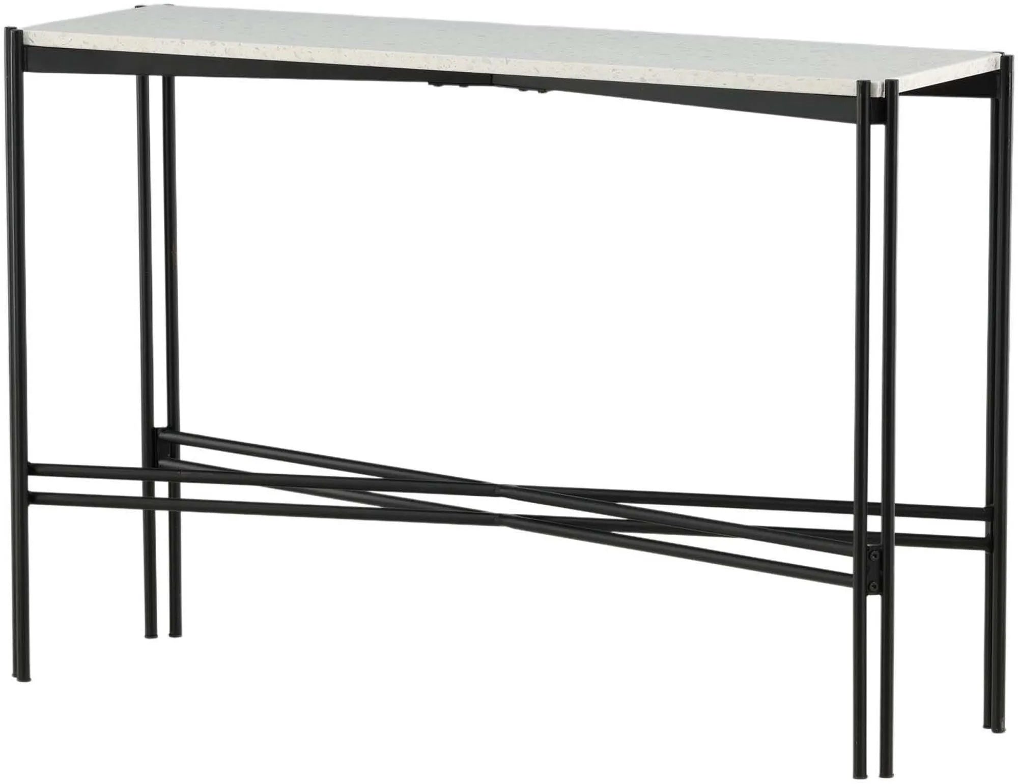 Moderner Razzia Tisch: Terrazzo-Platte mit schlankem Metallgestell.