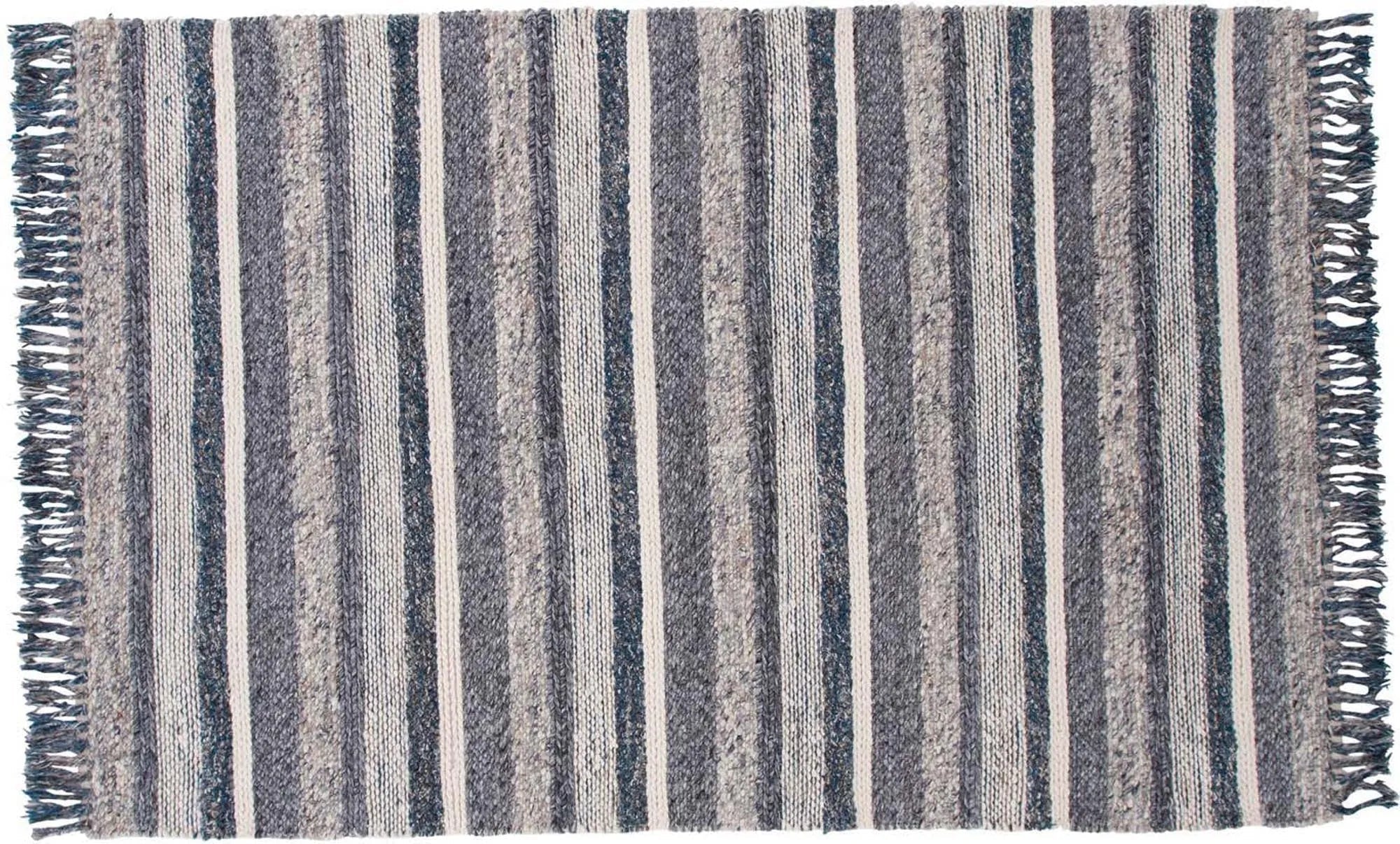 Eleganter Agra Teppich aus 100% Wolle, schmutzabweisend, pflegeleicht, in Blau-Grau mit Fransen, ideal für Wohnzimmer.