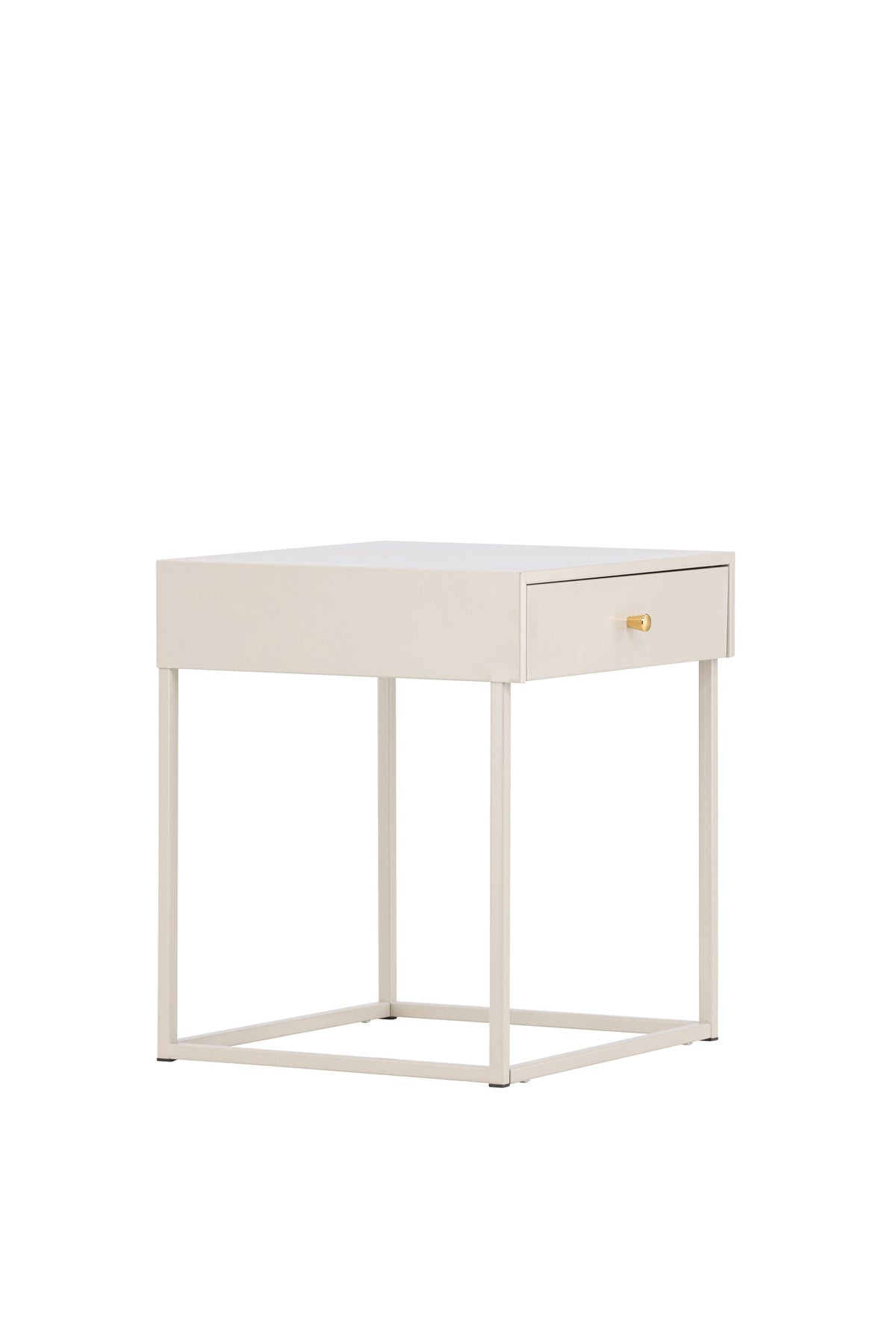 Hellgrauer Nachttisch aus Stahl mit offener, minimalistischer Konstruktion, Modell Bakal von Venture Home, Frontalansicht.