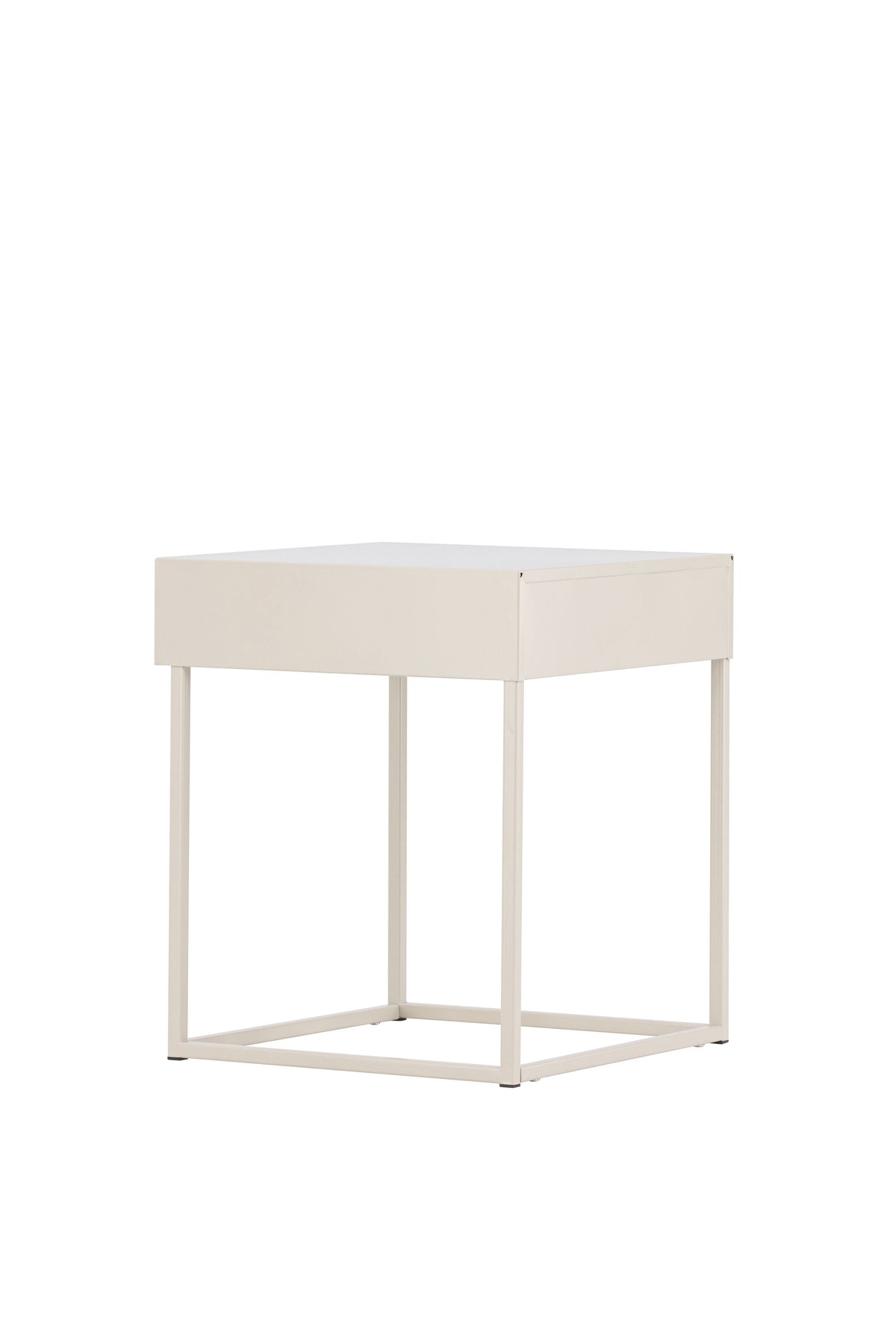 Hellgrauer Nachttisch aus Stahl mit offener, minimalistischer Konstruktion, Modell Bakal von Venture Home, Frontalansicht.