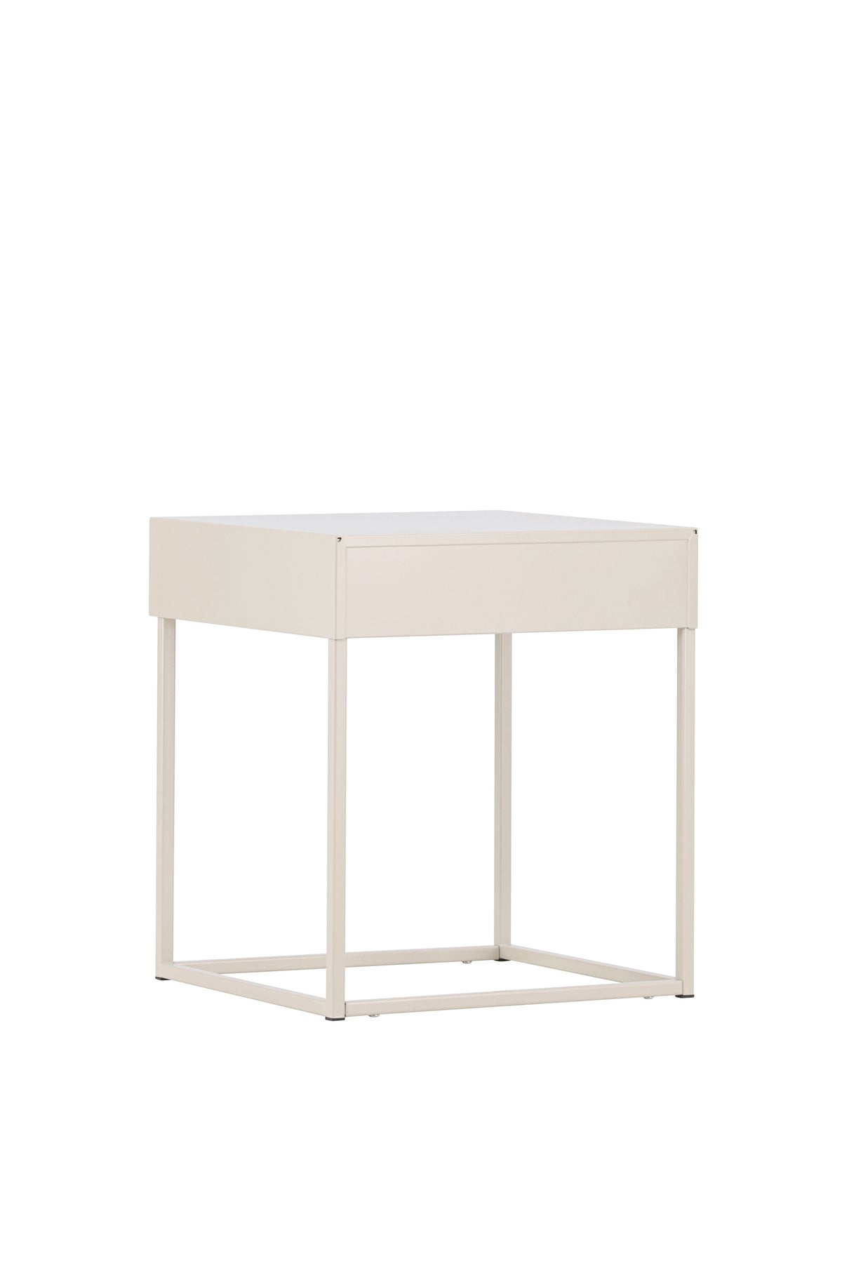 Hellgrauer Nachttisch aus Stahl mit offener, minimalistischer Konstruktion, Modell Bakal von Venture Home, Frontalansicht.