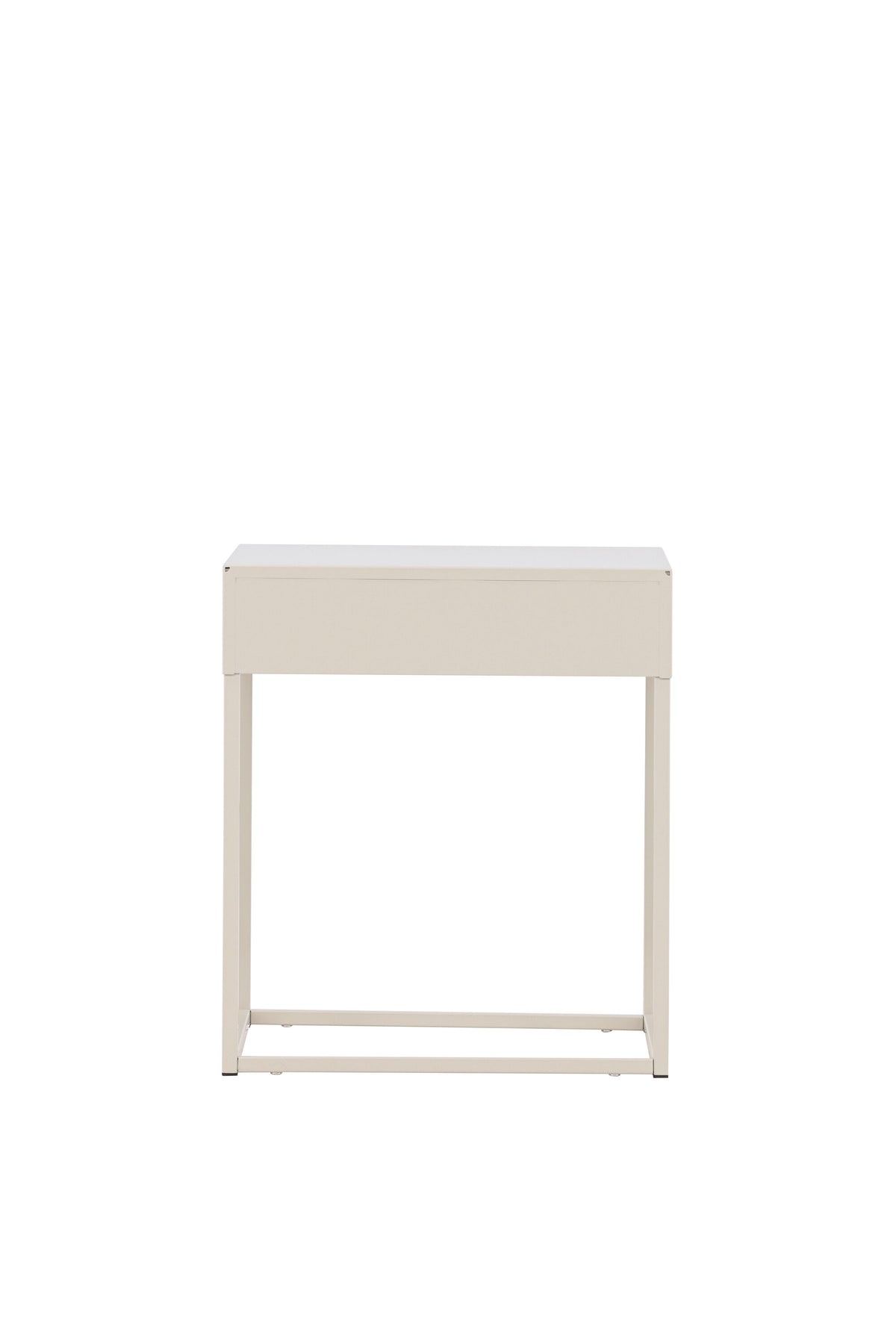 Hellgrauer Nachttisch aus Stahl mit offener, minimalistischer Konstruktion, Modell Bakal von Venture Home, Frontalansicht.