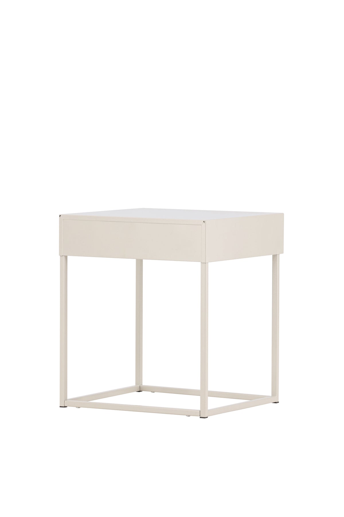Hellgrauer Nachttisch aus Stahl mit offener, minimalistischer Konstruktion, Modell Bakal von Venture Home, Frontalansicht.