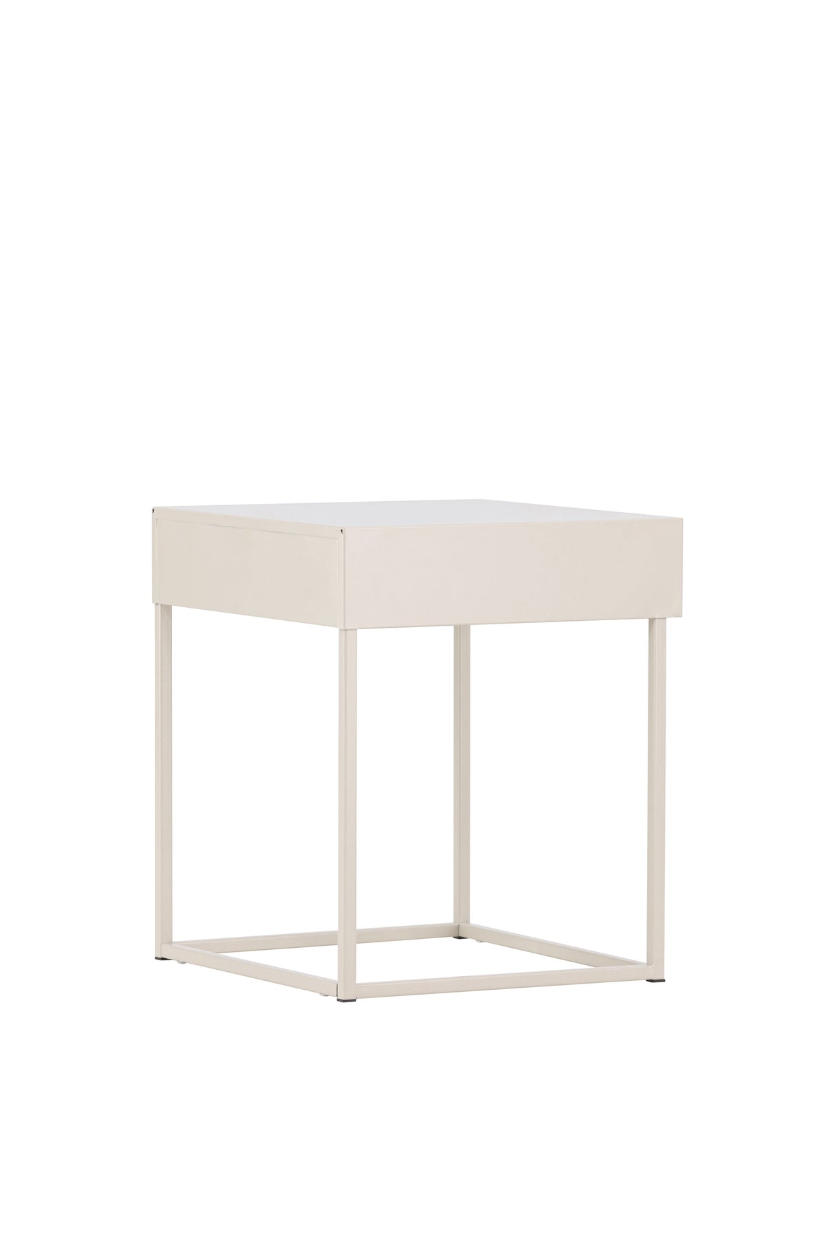 Hellgrauer Nachttisch aus Stahl mit offener, minimalistischer Konstruktion, Modell Bakal von Venture Home, Frontalansicht.