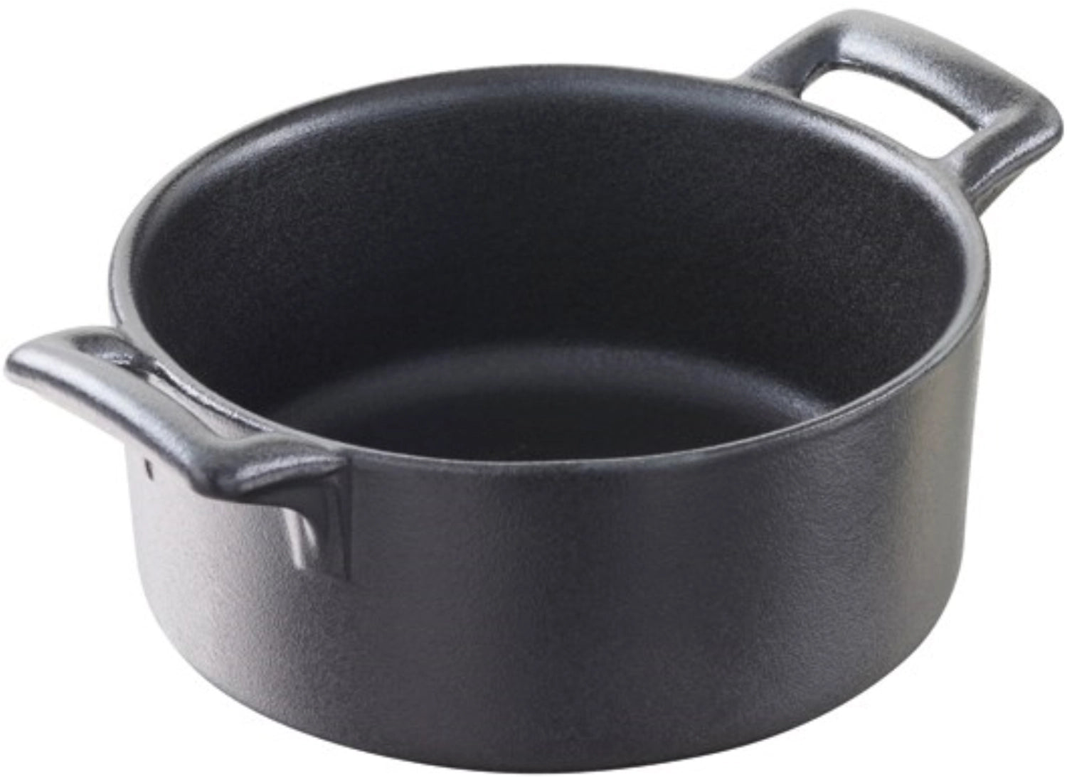 Kleine runde Auflaufform mit einem Durchmesser von 12 cm in stilvoller Gusseisen-Optik, perfekt für individuelle Portionen und kreative Rezepte.