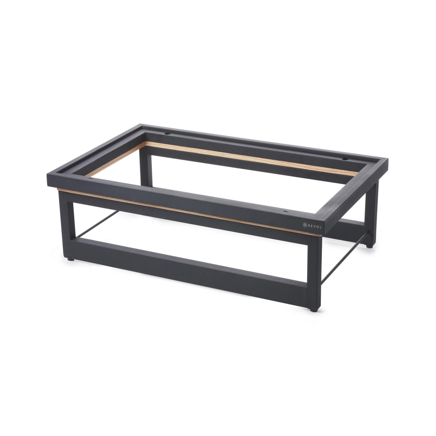 Eleganter En Scene Hoher Presenter für GN 1/1 aus mattschwarzem Metall und Eichenholz. Ideal für Gastronomie, Buffets und besondere Anlässe.