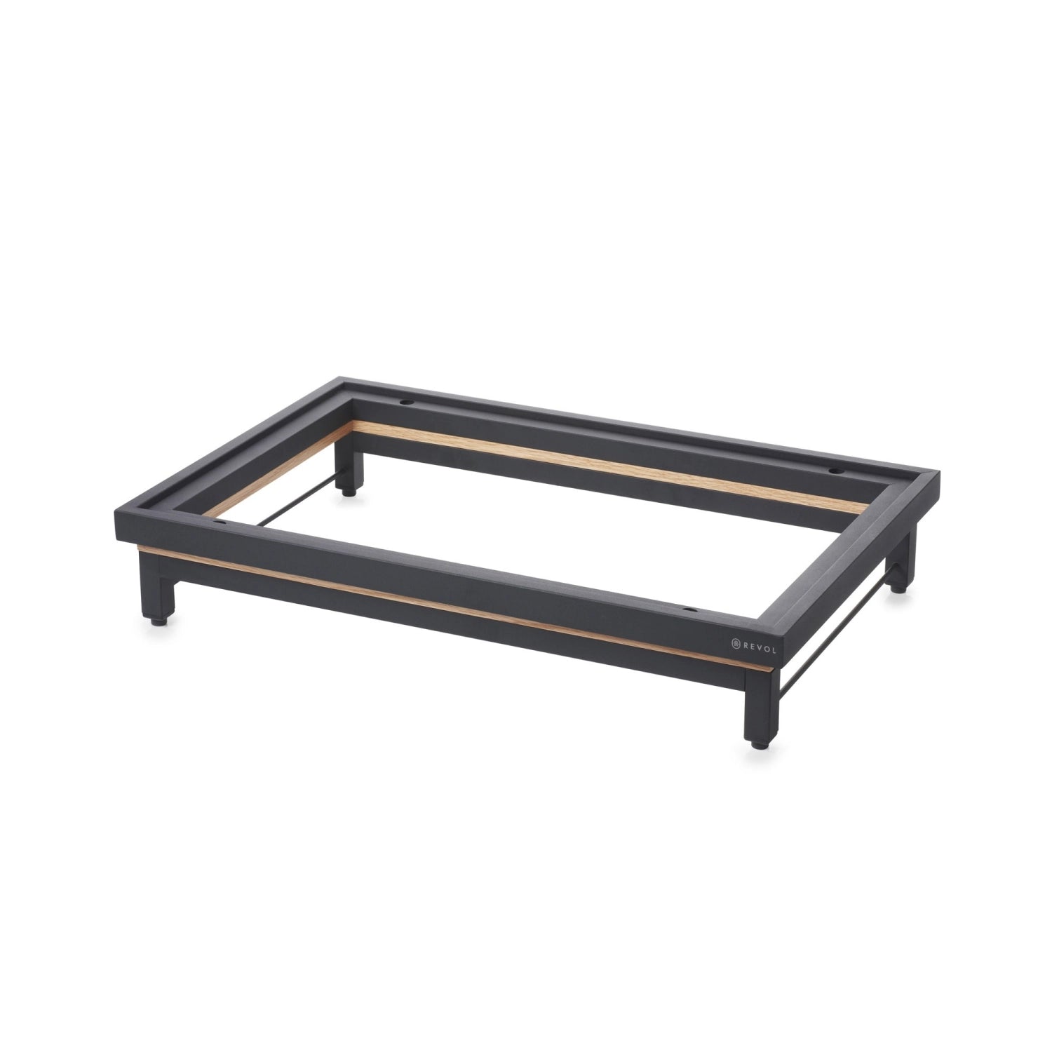 Eleganter En Scene Presenter GN 1/1 aus matt schwarzem Metall und Eichenrah von Revol. Ideal für stilvolle Präsentationen in Gastronomie und Zuhause.