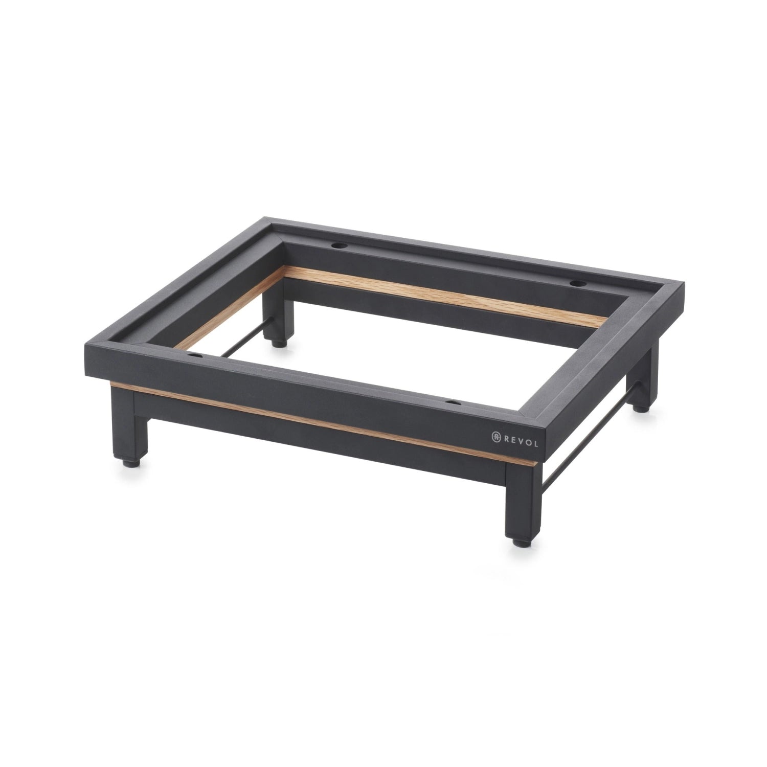 Eleganter En Scene Presenter GN 1/2 aus matt schwarzem Metall und Eichenrah von Revol. Ideal für Buffets und Catering, robust und stilvoll.