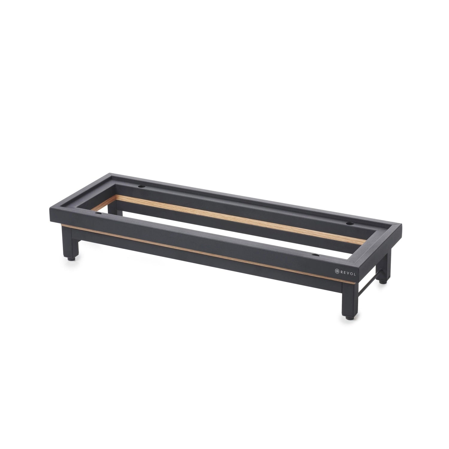 Eleganter En Scene Presenter GN 2/4 in Matt Schwarz Metall mit Eichenrah von Revol. Ideal für stilvolle Präsentationen in Gastronomie und Zuhause.