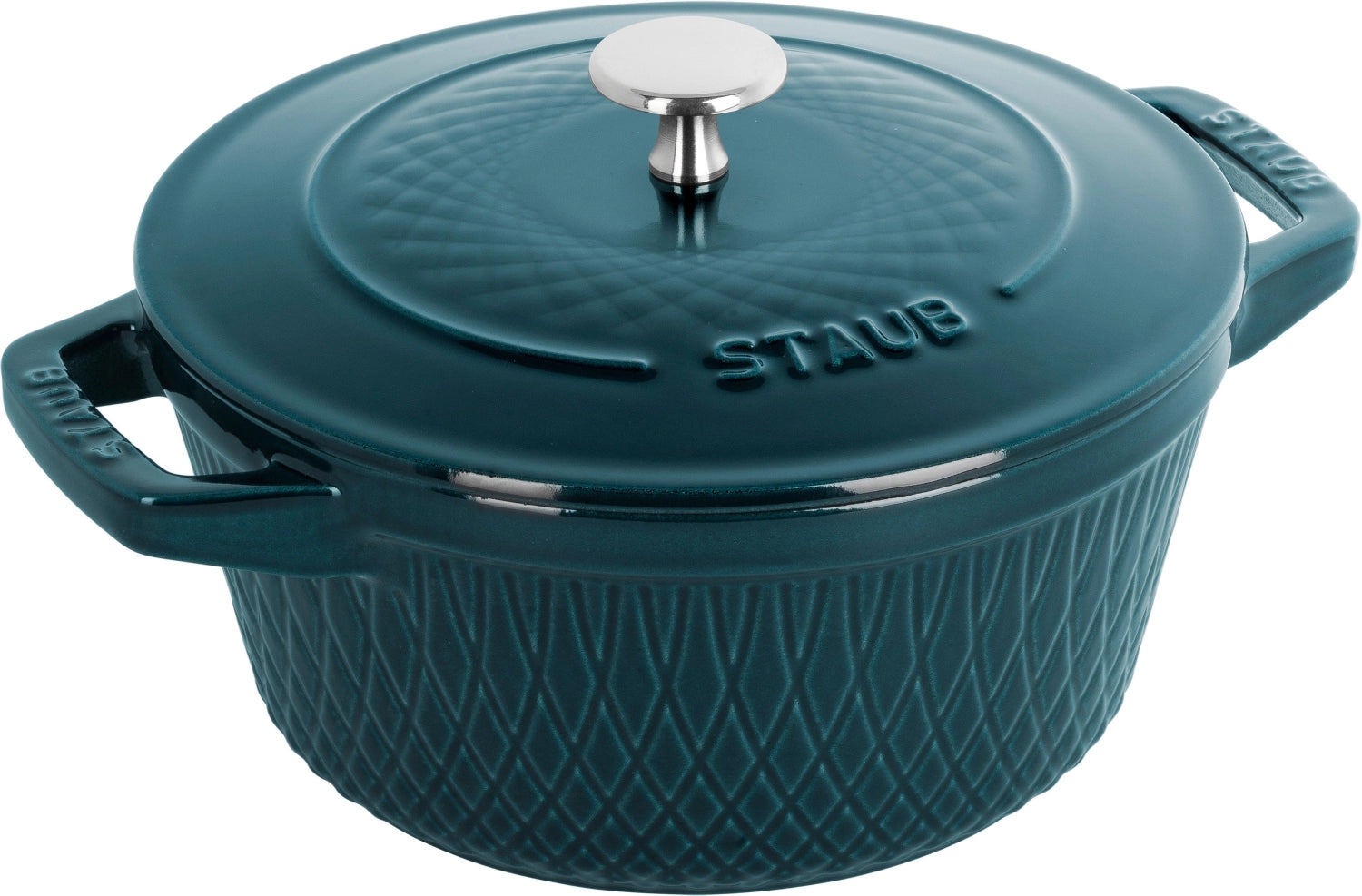 Runde 2,29 l Cocotte von Staub mit gedrehtem Design, ideal für kreative Kochkunst und ansprechende Tischpräsentation.