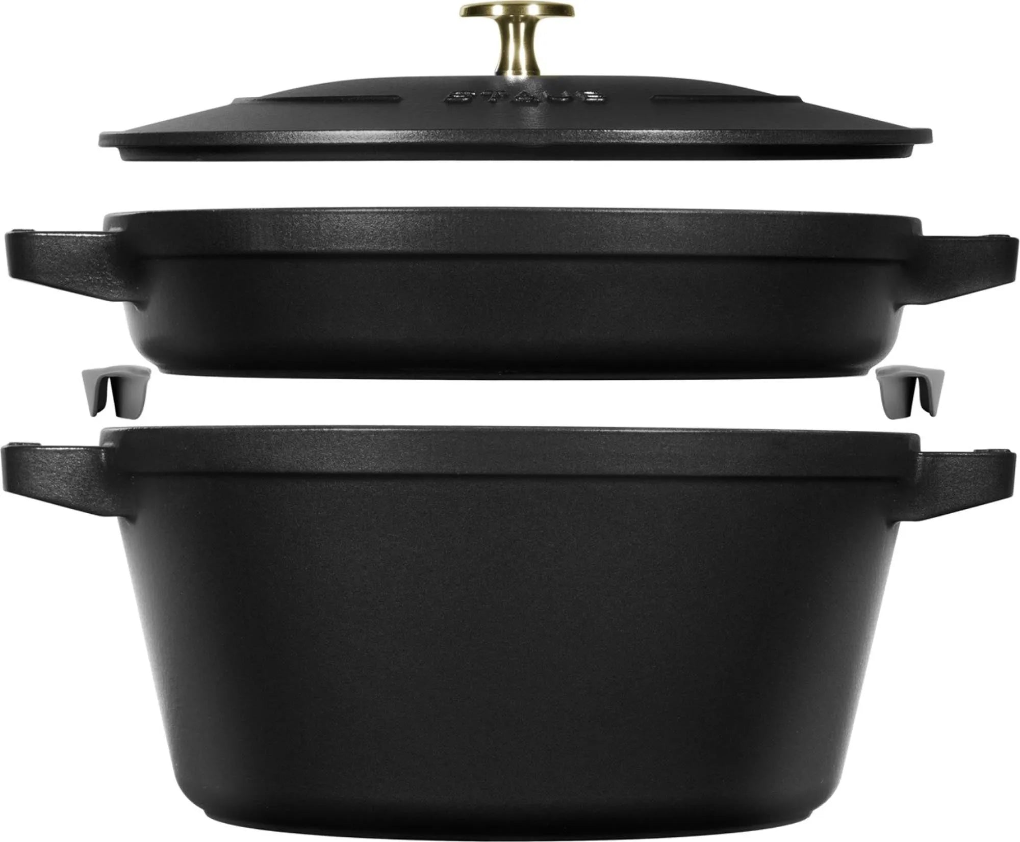 Cocotte 3tlg. 24 cm, rund, stackable in Schwarz präsentiert im Onlineshop von KAQTU Design AG. Pfanne/Topf ist von Staub