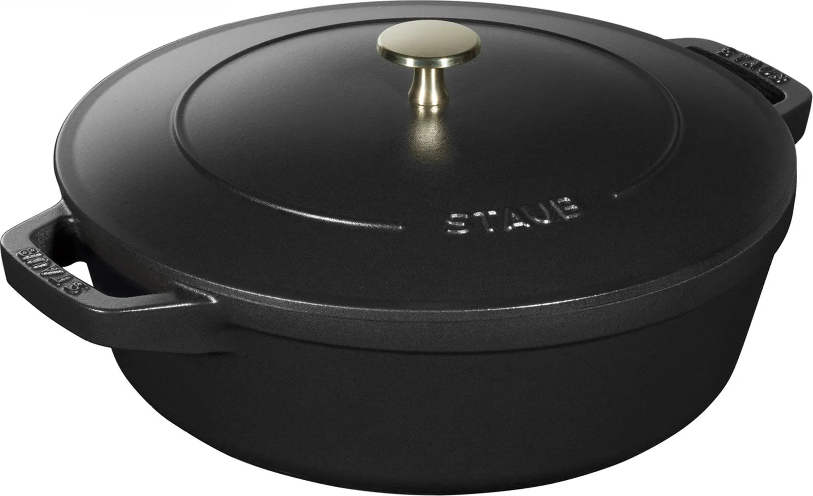 Elegante, schwarze Cocotte aus Gusseisen, ideal für Eintöpfe und Aufläufe, stapelbar und für alle Herdarten geeignet.