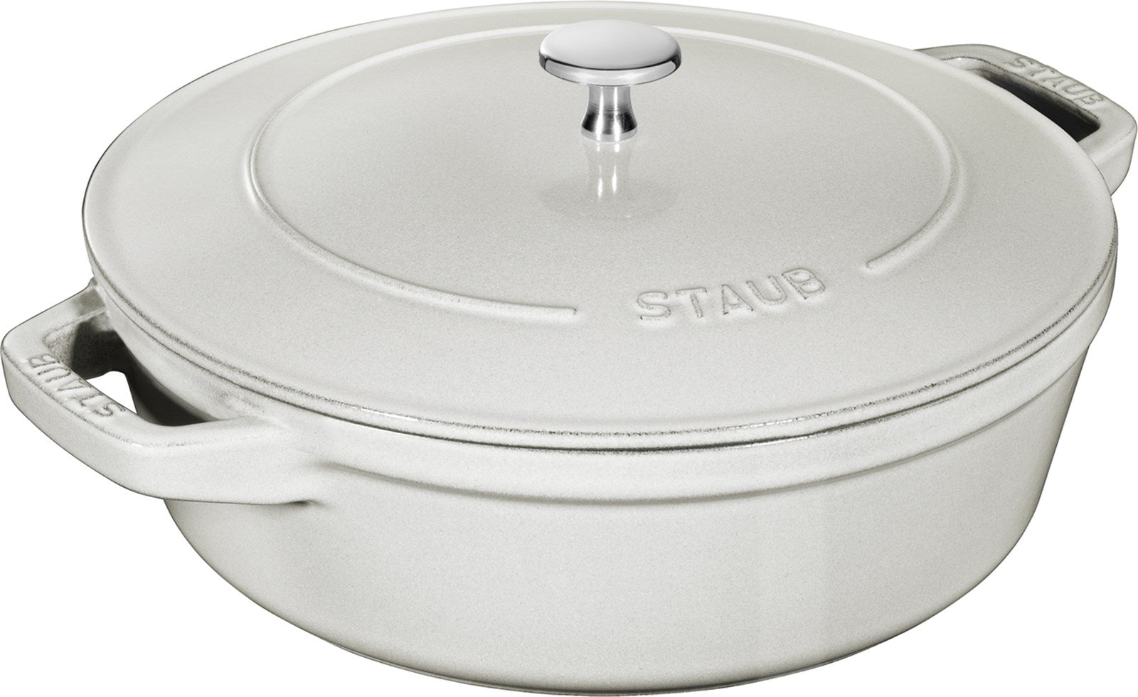 Elegante Cocotte 24 cm in Weisser Trüffel von Staub. Ideal zum Braten, Schmoren und Backen. Stapelbar und platzsparend für jede Küche.