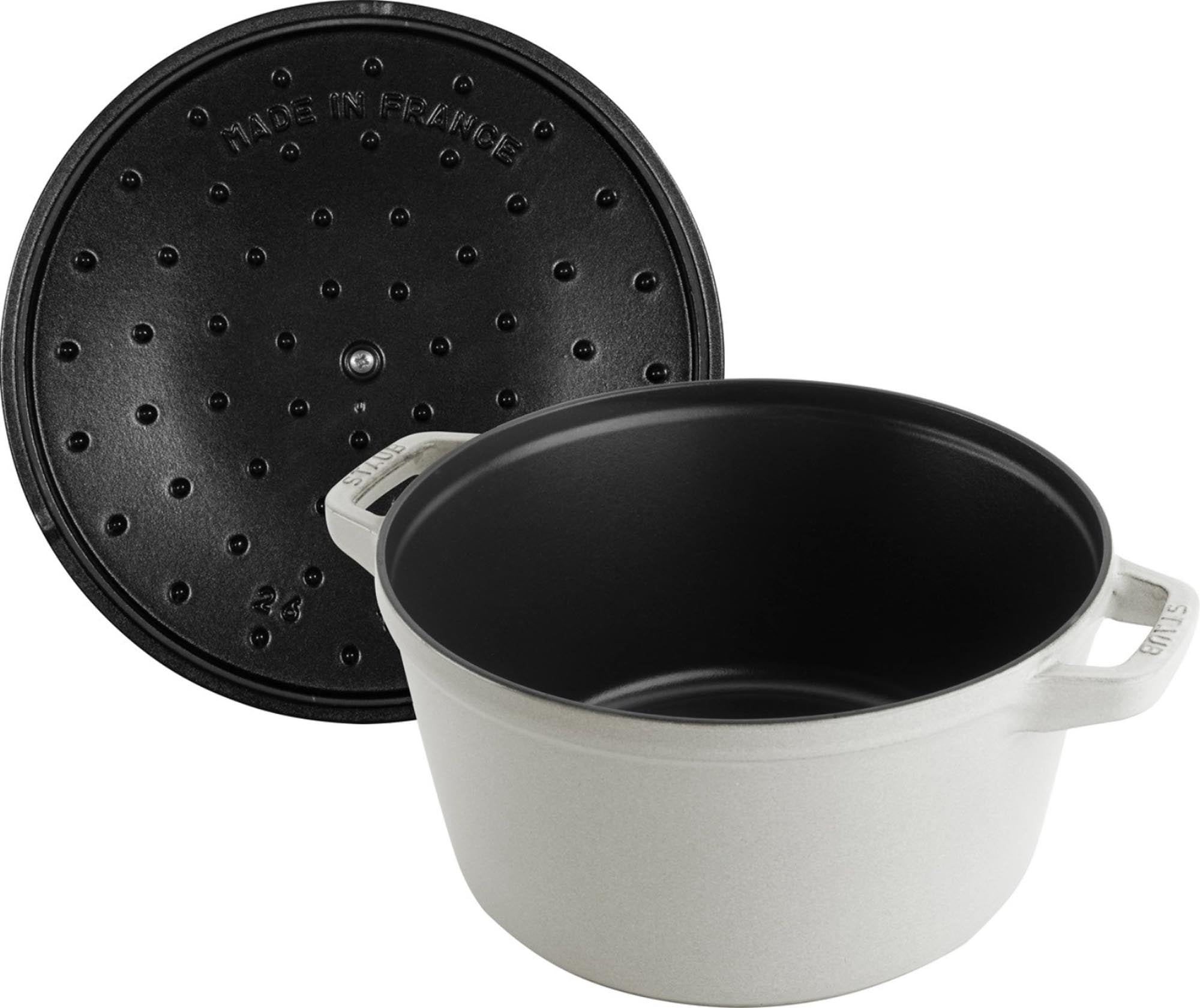 Elegante Staub Cocotte 24 cm, stapelbar, in Weisser Trüffel.