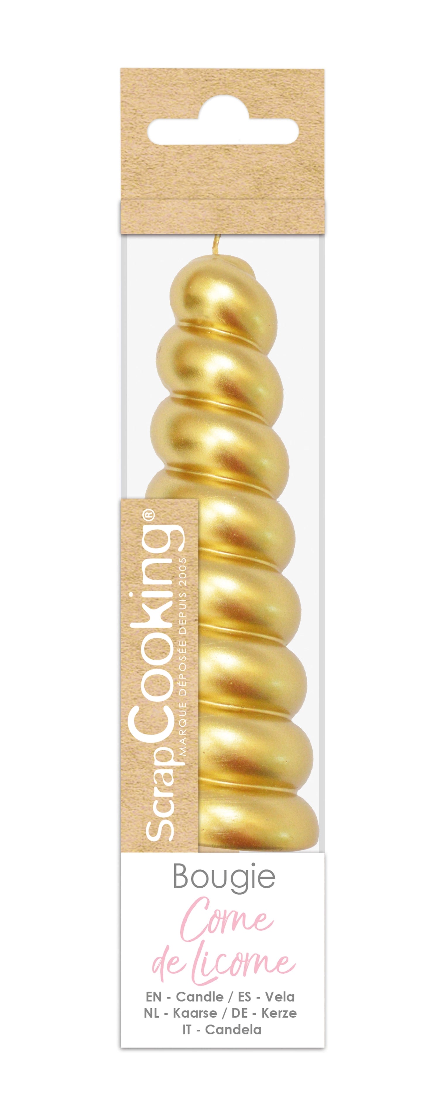 Goldene XXL Einhorn-Horn-Kerze von Scrap Cooking, perfekt für magische Dekorationen und besondere Anlässe.