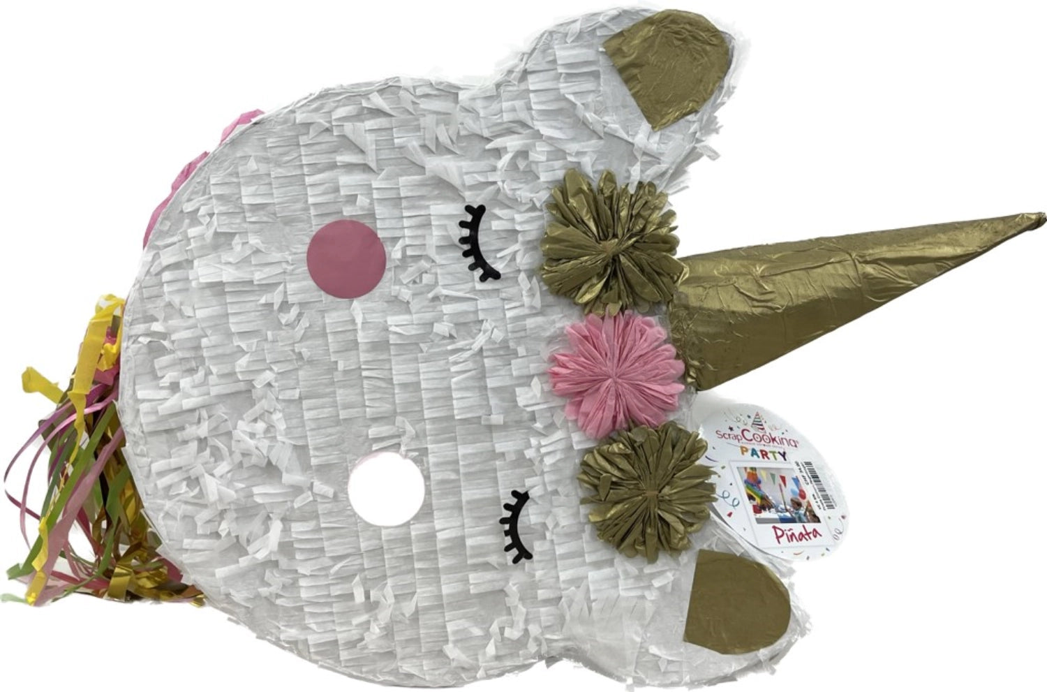 Verspielte Einhorn-Pinata in Regenbogenfarben, ideal als festliche Dekoration und kreative Kerze von Scrap Cooking für besondere Feiern.