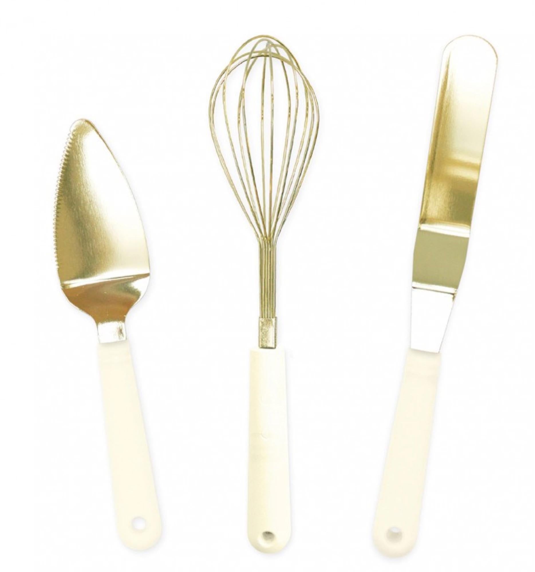 Stylische 3er Backutensilien in Gold von Scrap Cooking: Teigschaber, Silikonpinsel und Backform. Hochwertig, hitzebeständig und leicht zu reinigen!