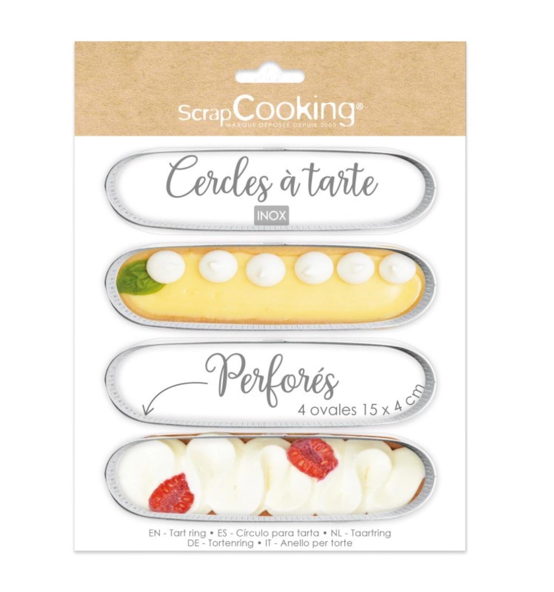 4er Set ovale Tortenringe 15x4cm, perforiert für gleichmässiges Backen, aus langlebigem Edelstahl, ideal für kreative Backprojekte.