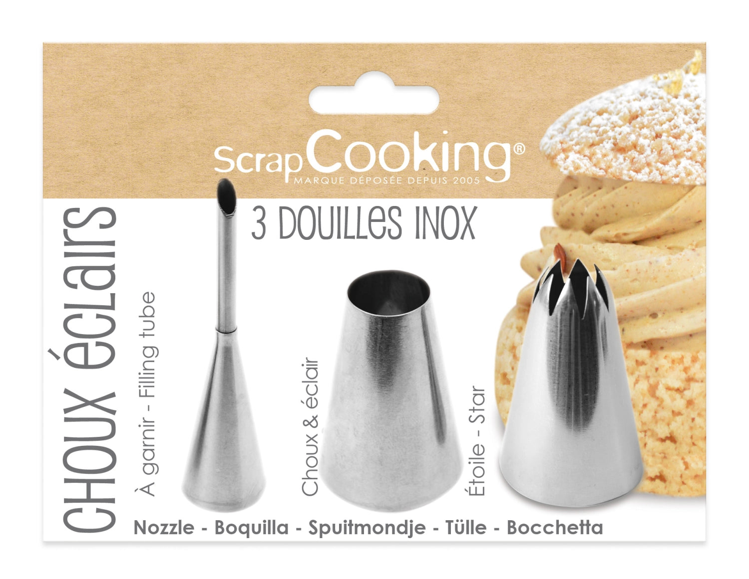Set aus drei hochwertigen Edelstahltüllen für Spritzbeutel, ideal zum Dekorieren von Éclairs, Torten und anderen Backwaren.