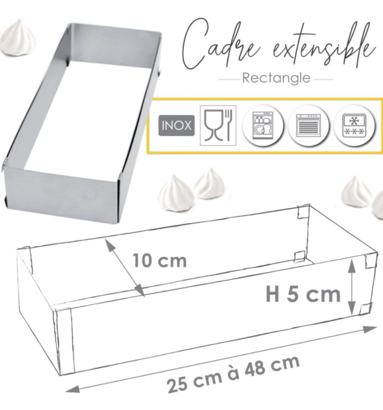 Edelstahlbackform von Scrap Cooking, verstellbar von 25-48 cm, ideal für vielseitige Backprojekte, robust und langlebig.