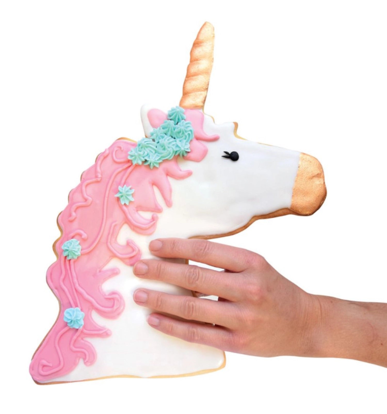 Große Edelstahlbackform in Einhornform, Maße 29x26cm, ideal für fantasievolle Backideen und Feiern mit Kindern.