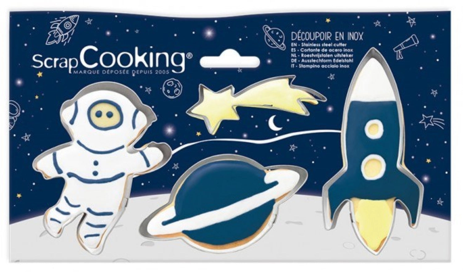 4-teiliges Ausstechformen-Set mit Weltraum-Motiven von Scrap Cooking, perfekt für fantasievolle Backideen und Kinderfeiern.