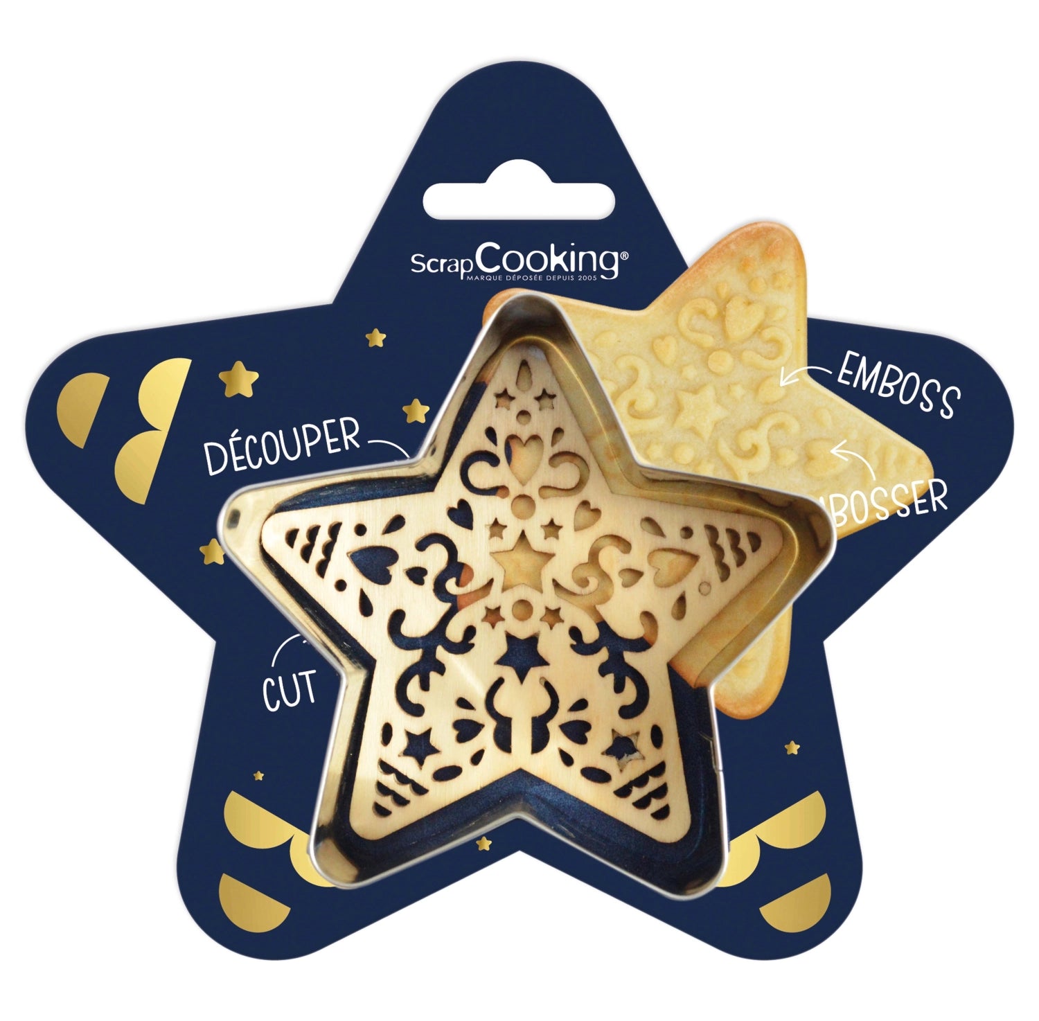 Sternförmige Ausstechform und Holzpräger von Scrap Cooking, ideal für kreative Backprojekte und festliche Kekse. Perfekte Ergänzung für Ihre Backutensilien.