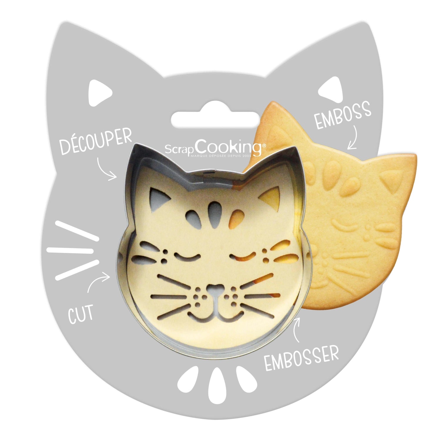Kreative Ausstechform und Holzpräger in Form einer Katze von Scrap Cooking, perfekt für das Verzieren von Keksen und Backwaren.