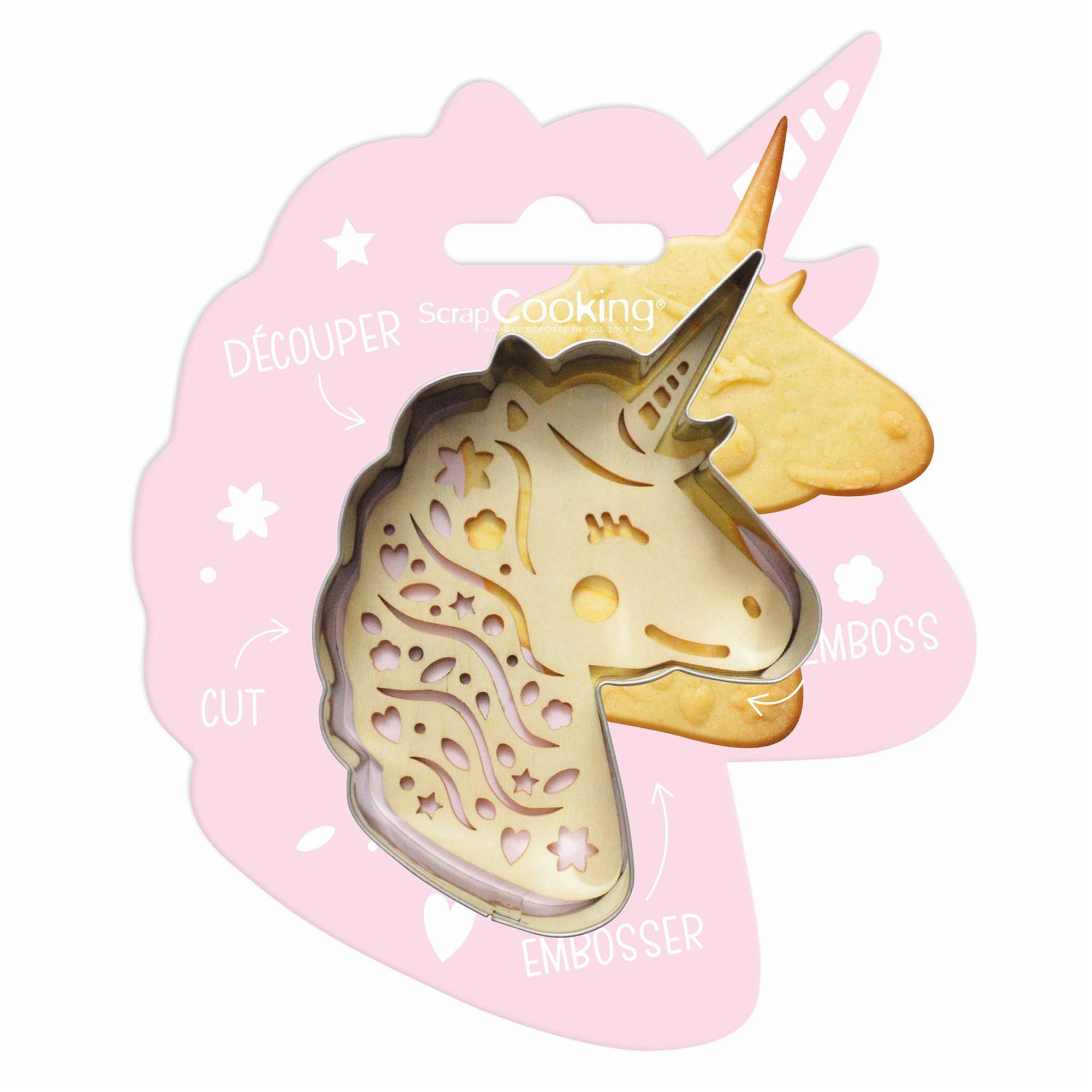 Kreieren Sie mit der Einhorn-Ausstechform und Holzpräger von Scrap Cooking magische Kekse! Hochwertige Materialien für kreative Backideen.