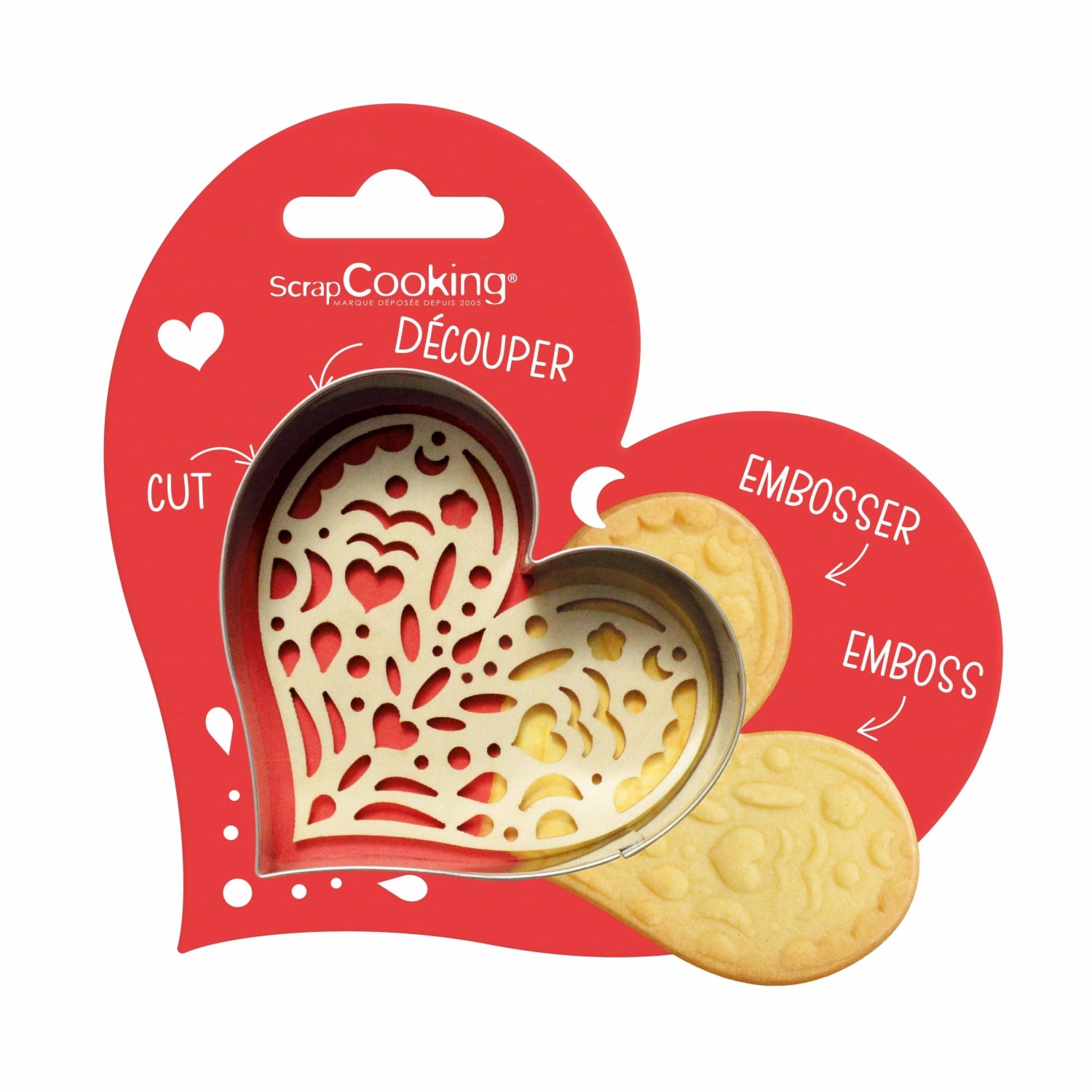 Herzförmige Ausstechform und Holzpräger von Scrap Cooking, perfekt zum Kreieren romantischer Kekse und süßer Backideen.