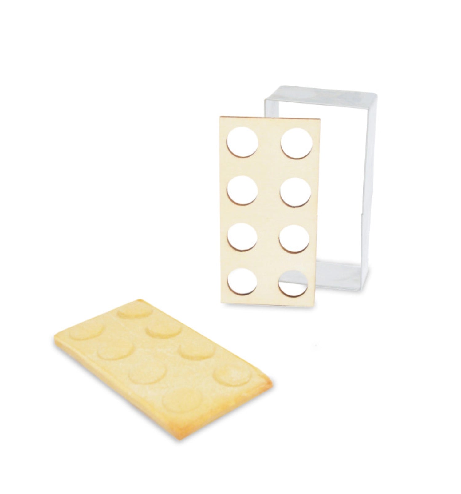Originelle Ausstechform und Holzpräger in Backstein-Optik von Scrap Cooking, ideal zum Gestalten von Keksen und anderen Leckereien.
