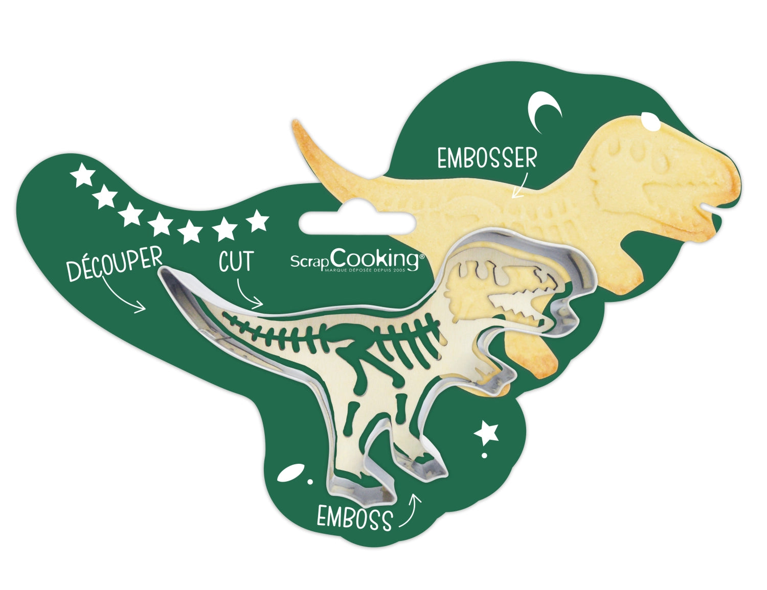 Dino Ausstechform und Holzpräger von Scrap Cooking, perfekt für kreative Keksdesigns und süße Backprojekte.