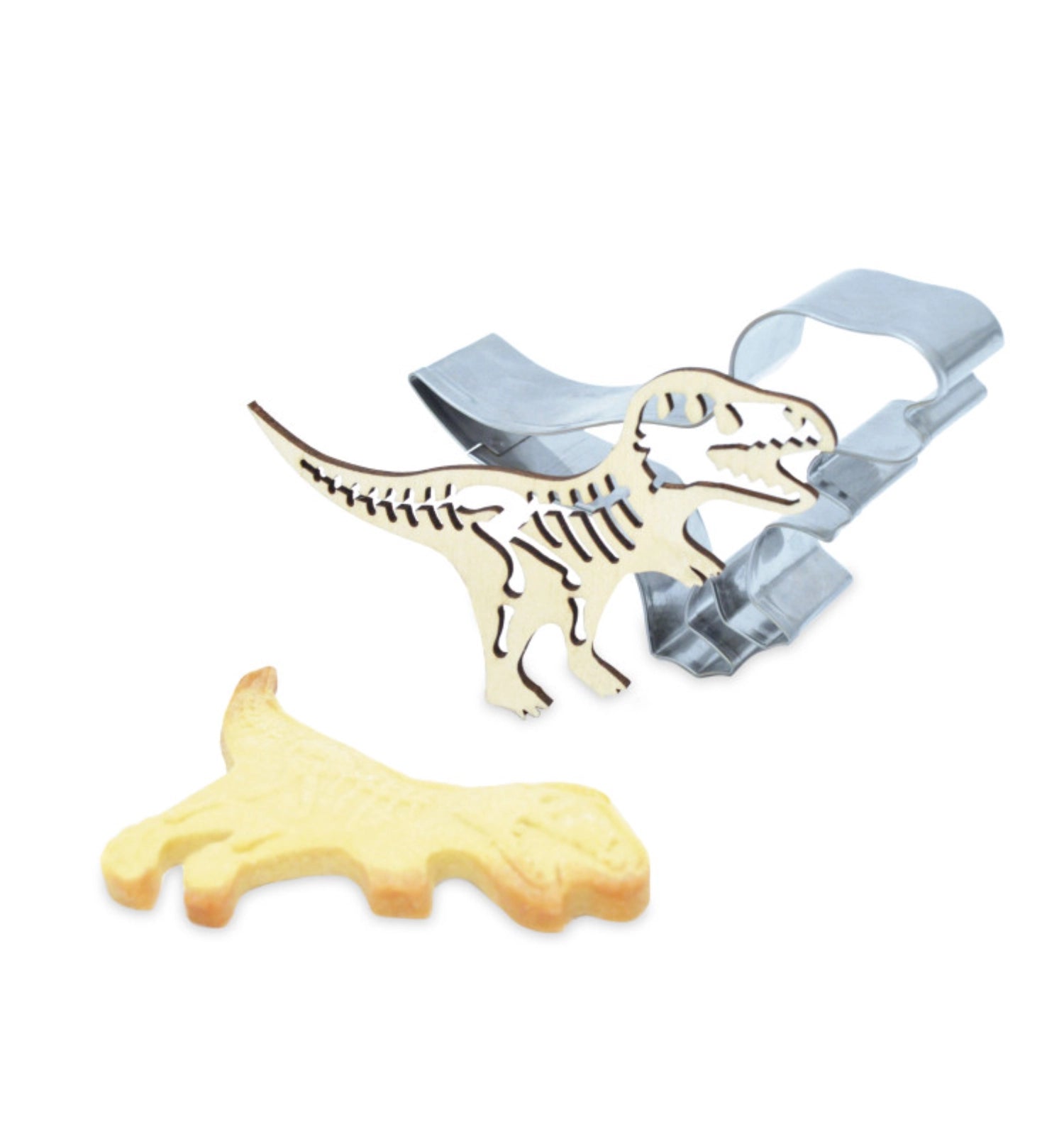 Dino Ausstechform und Holzpräger von Scrap Cooking, perfekt für kreative Keksdesigns und kinderfreundliche Backprojekte.