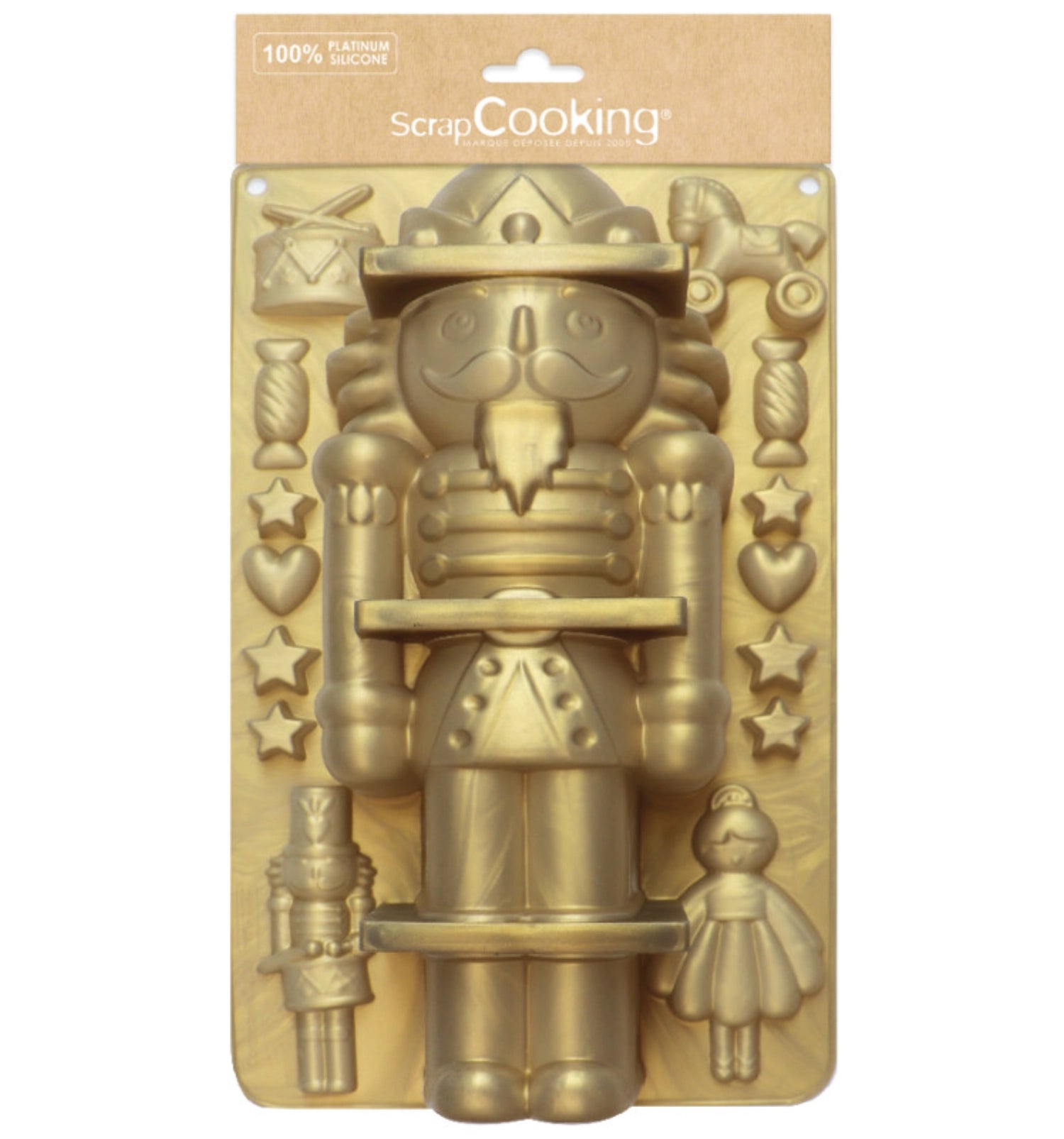 Bunte Silikonbackform in Nussknacker-Form von Scrap Cooking, perfekt für originelle Backideen und festliche Dekorationen.