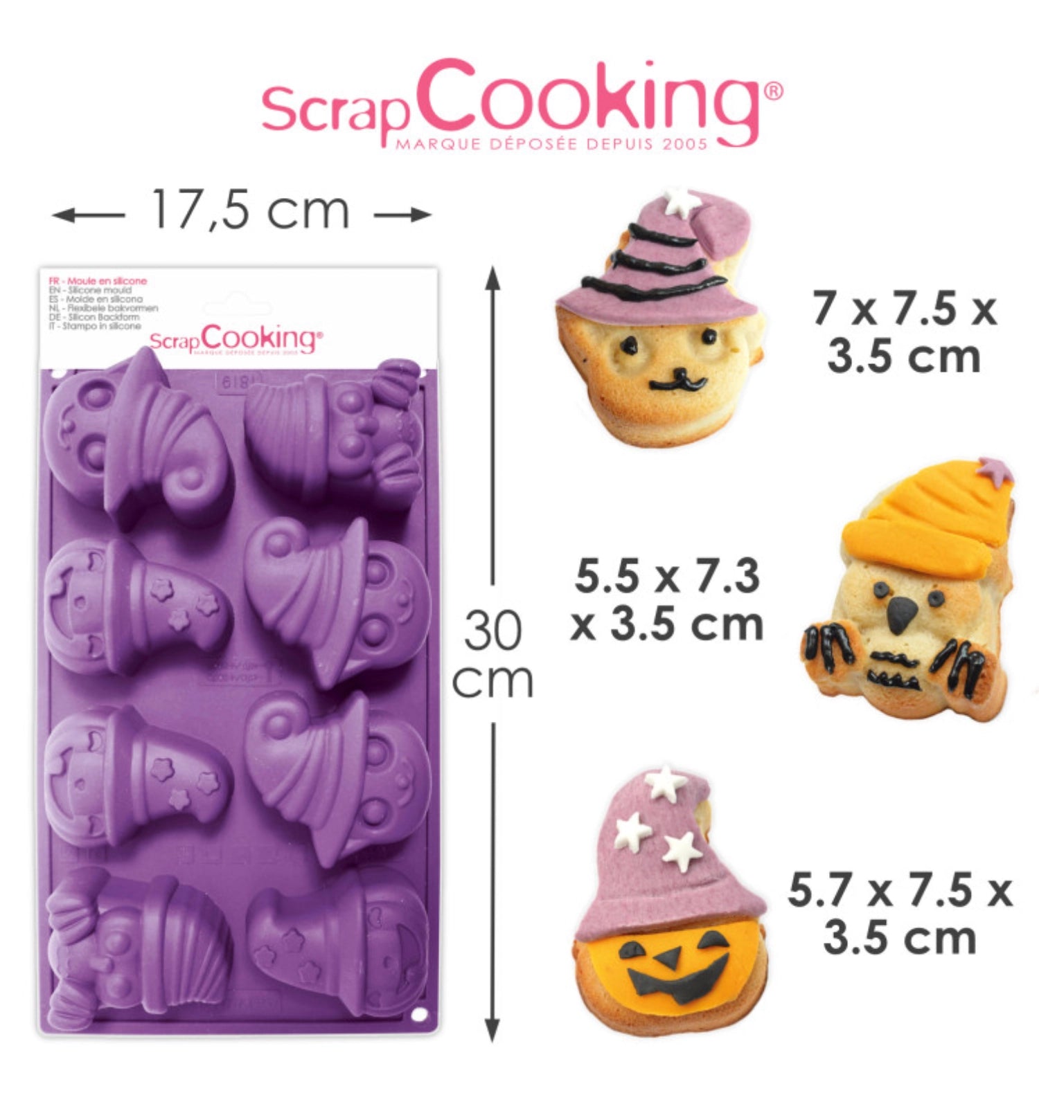 Silikon-Backform mit 8 gruseligen Halloween-Motiven, ideal für kreative Backideen und schaurige Leckereien.