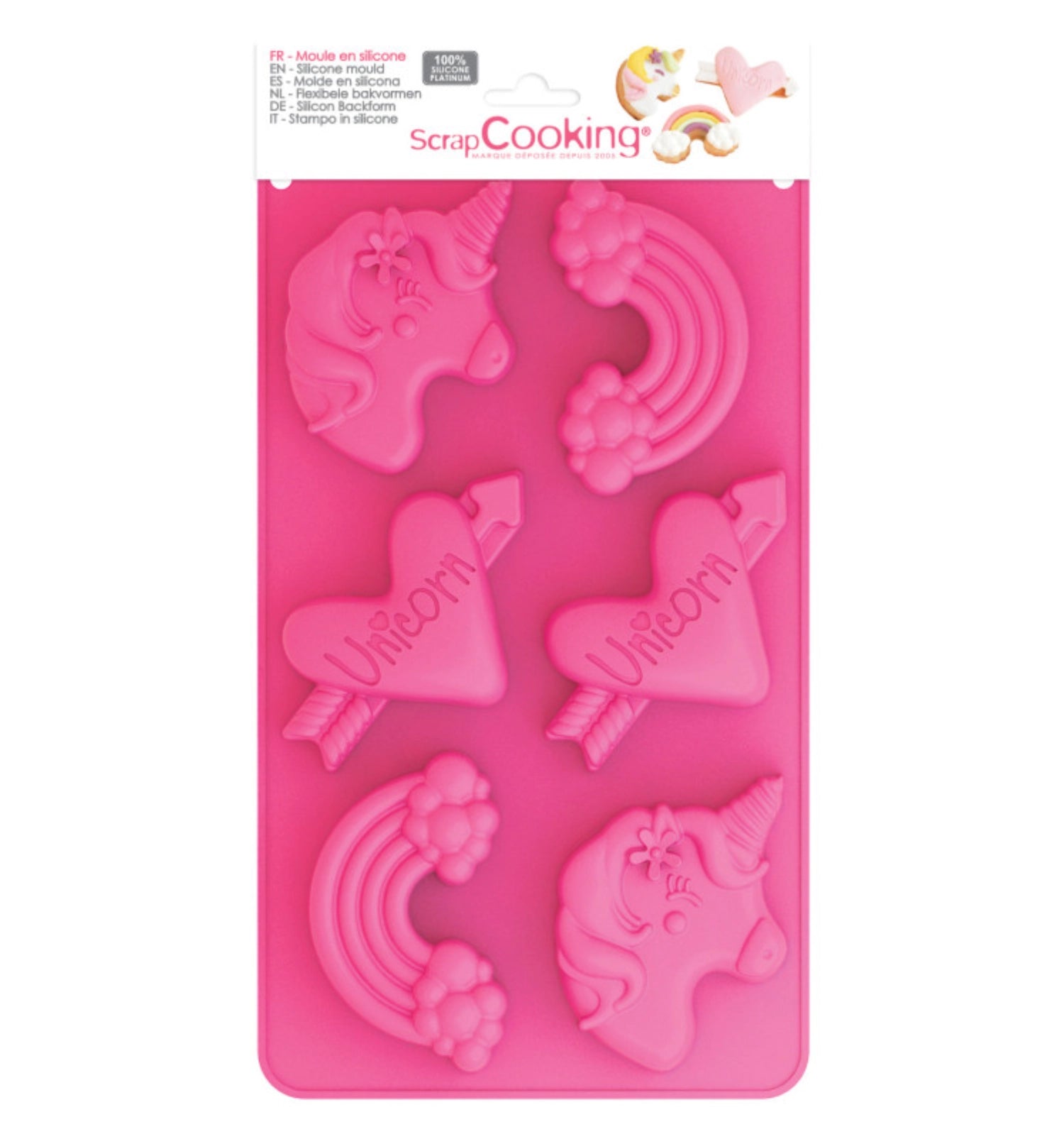 Bunte 6er Silikonbackform in Einhorn-Design von Scrap Cooking, perfekt für fantasievolle Backprojekte und kinderleichte Handhabung.